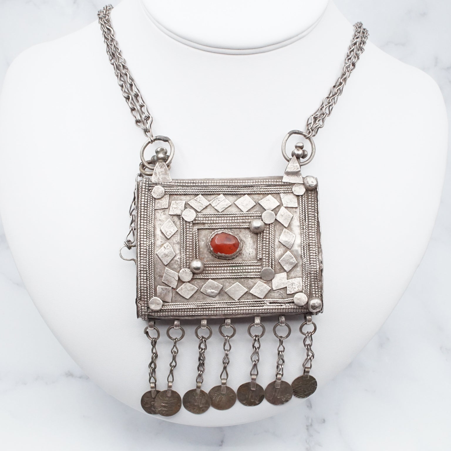 Antique Bedouin silver prayer box necklace with carnelian