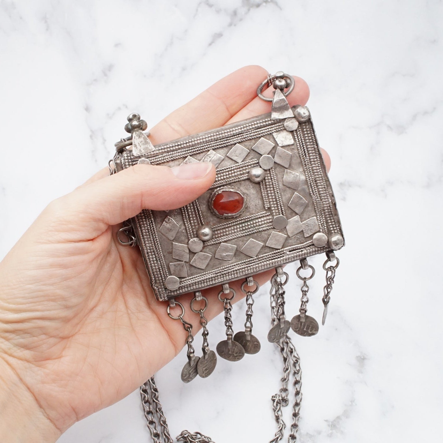 Antique Bedouin silver prayer box necklace with carnelian