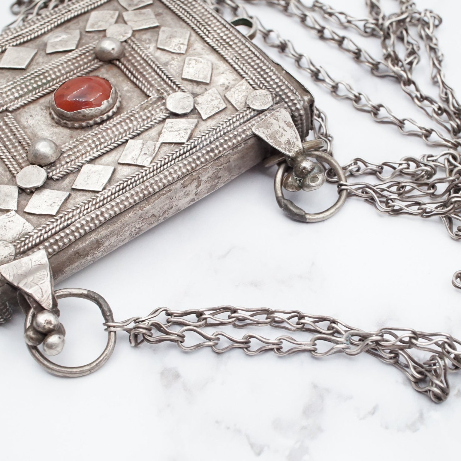 Antique Bedouin silver prayer box necklace with carnelian