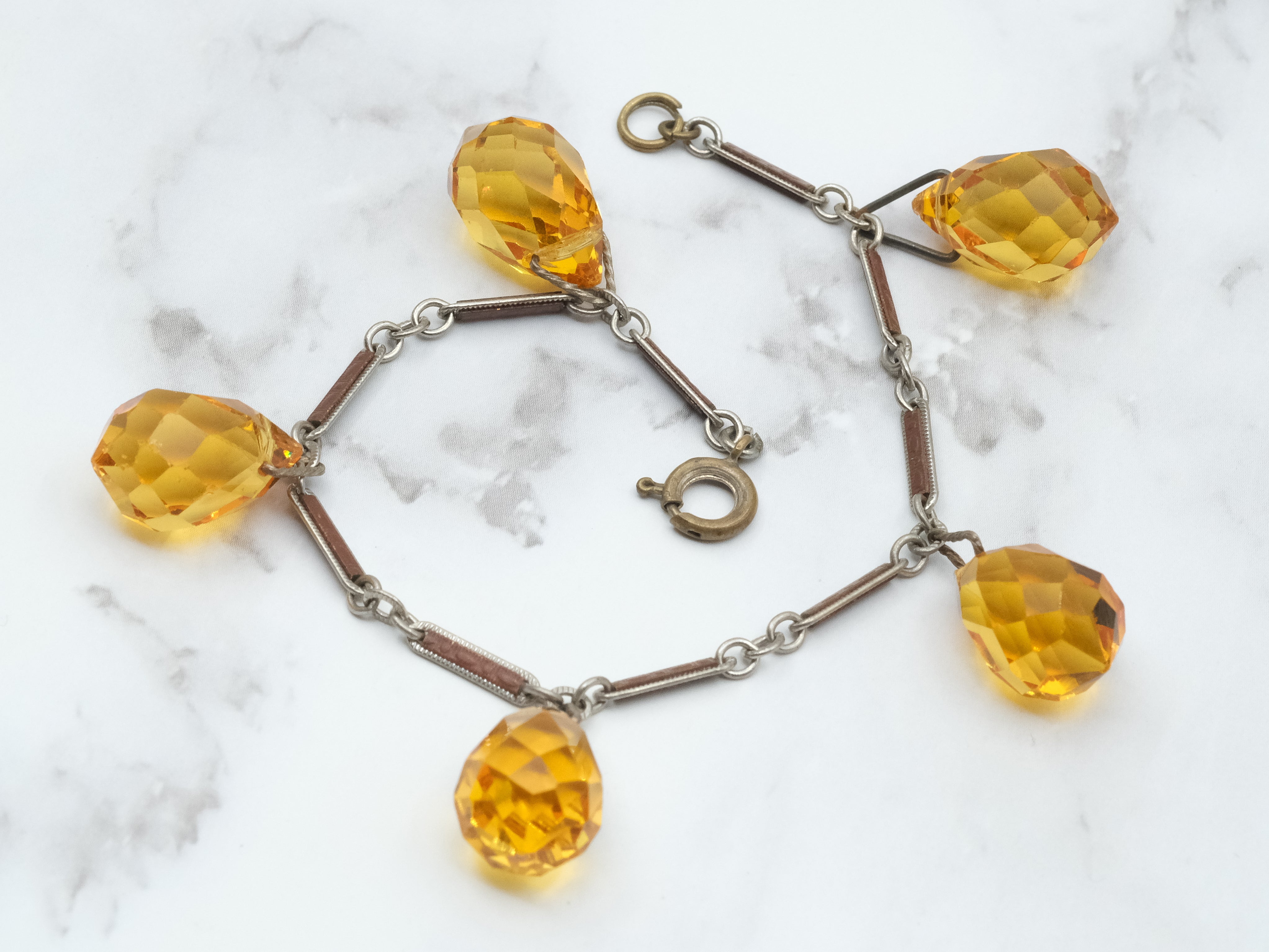 Antique Art Deco silver tone and brown enamel bar link bracelet with faceted citrine glass drops