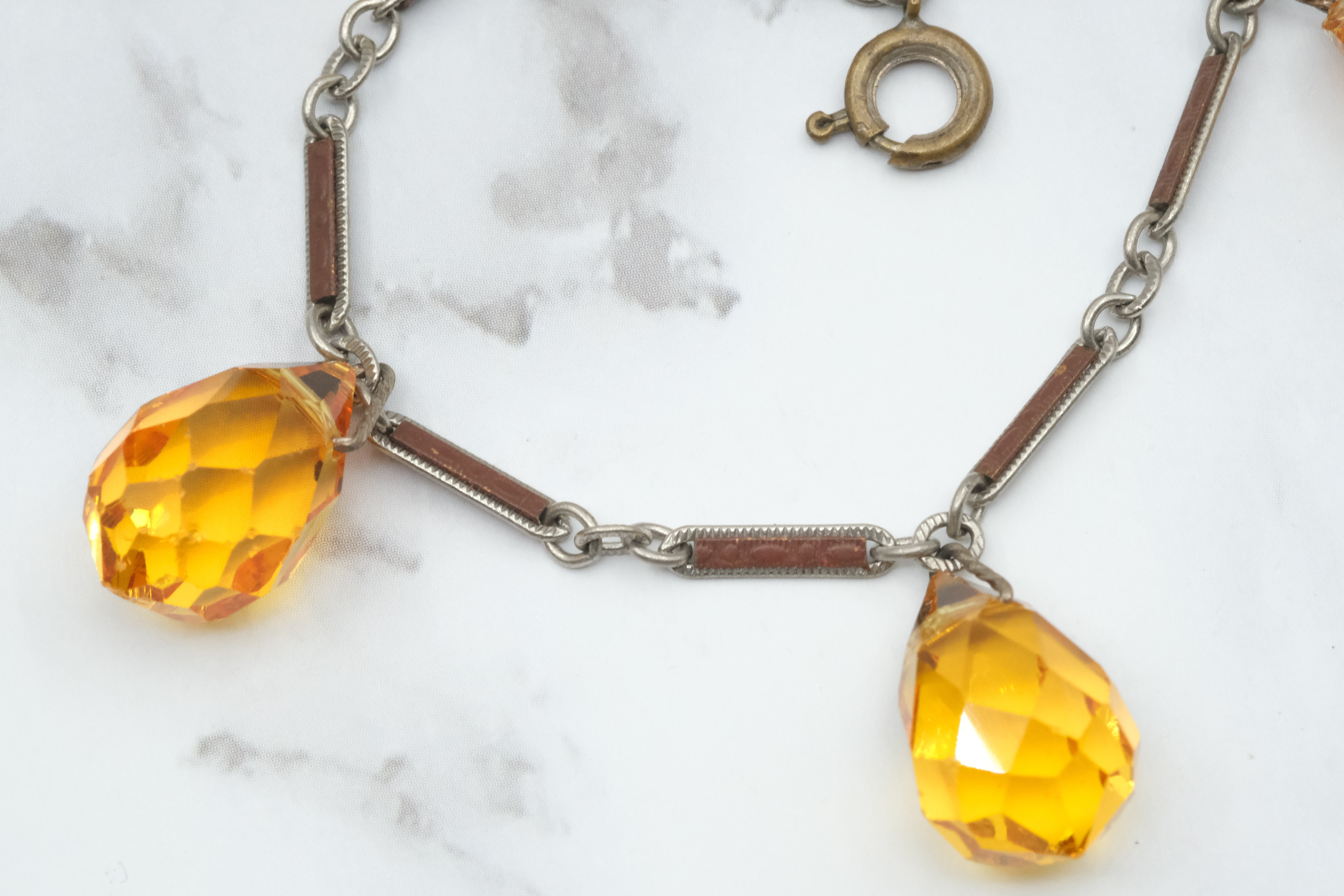 Antique Art Deco silver tone and brown enamel bar link bracelet with faceted citrine glass drops