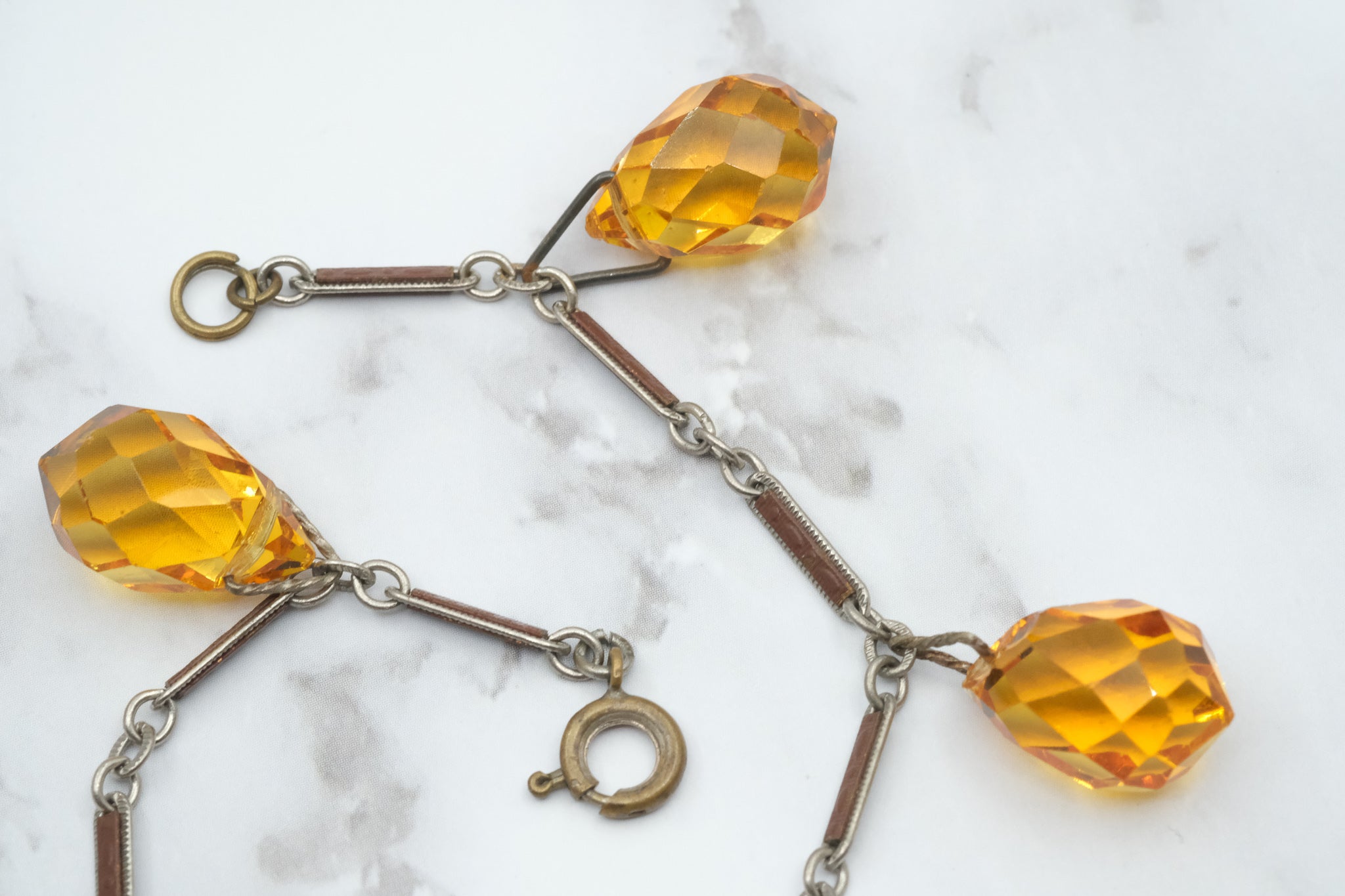 Antique Art Deco silver tone and brown enamel bar link bracelet with faceted citrine glass drops