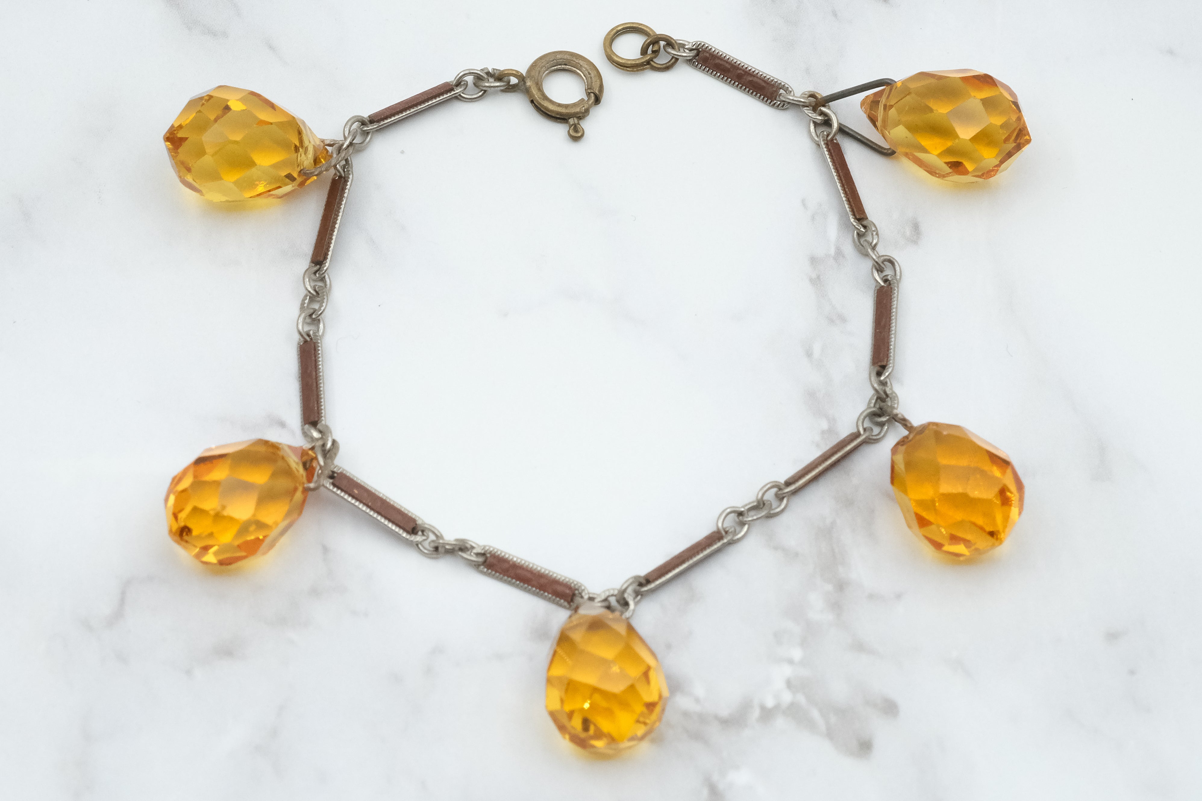 Antique Art Deco silver tone and brown enamel bar link bracelet with faceted citrine glass drops