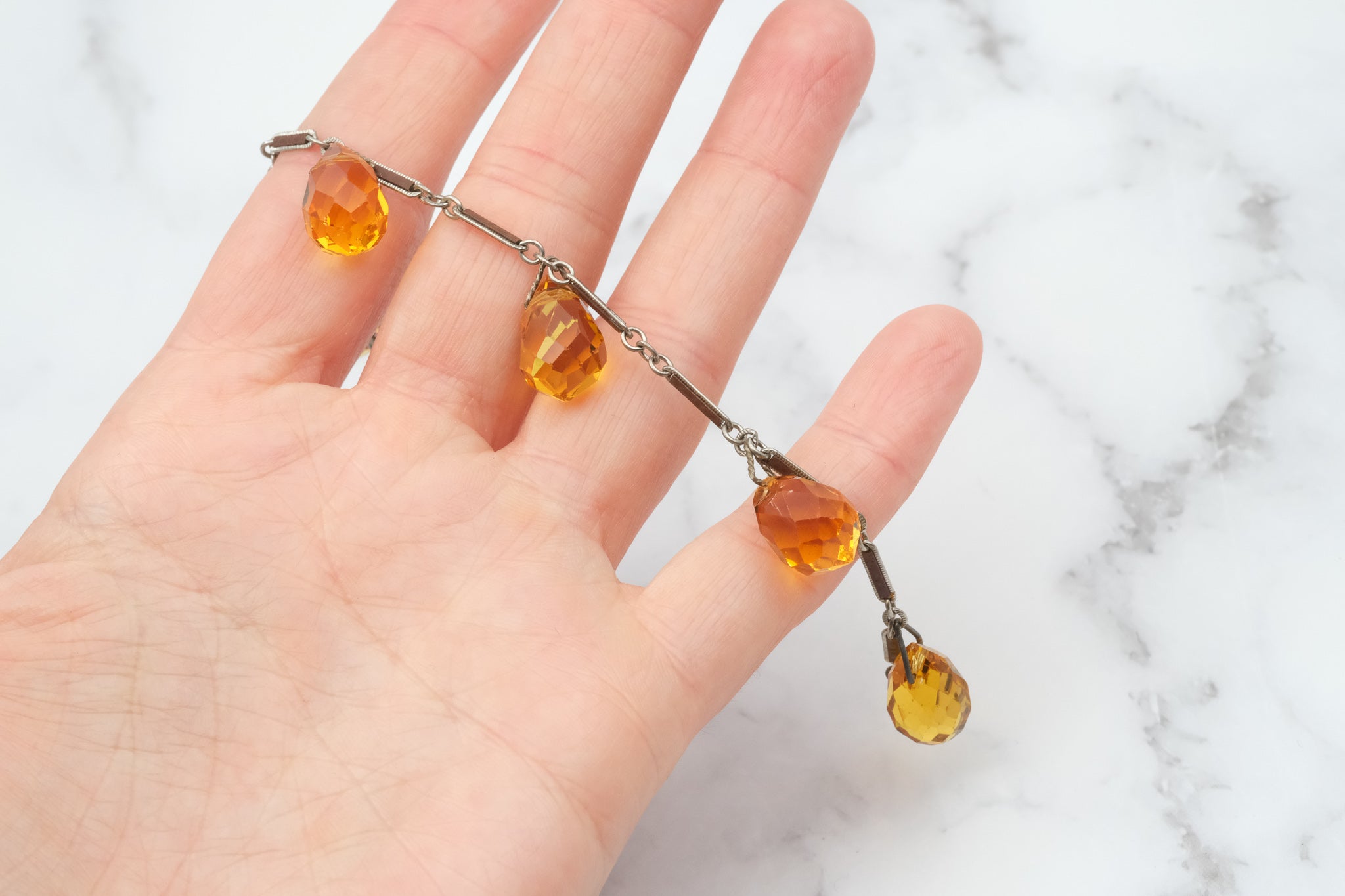 Antique Art Deco silver tone and brown enamel bar link bracelet with faceted citrine glass drops