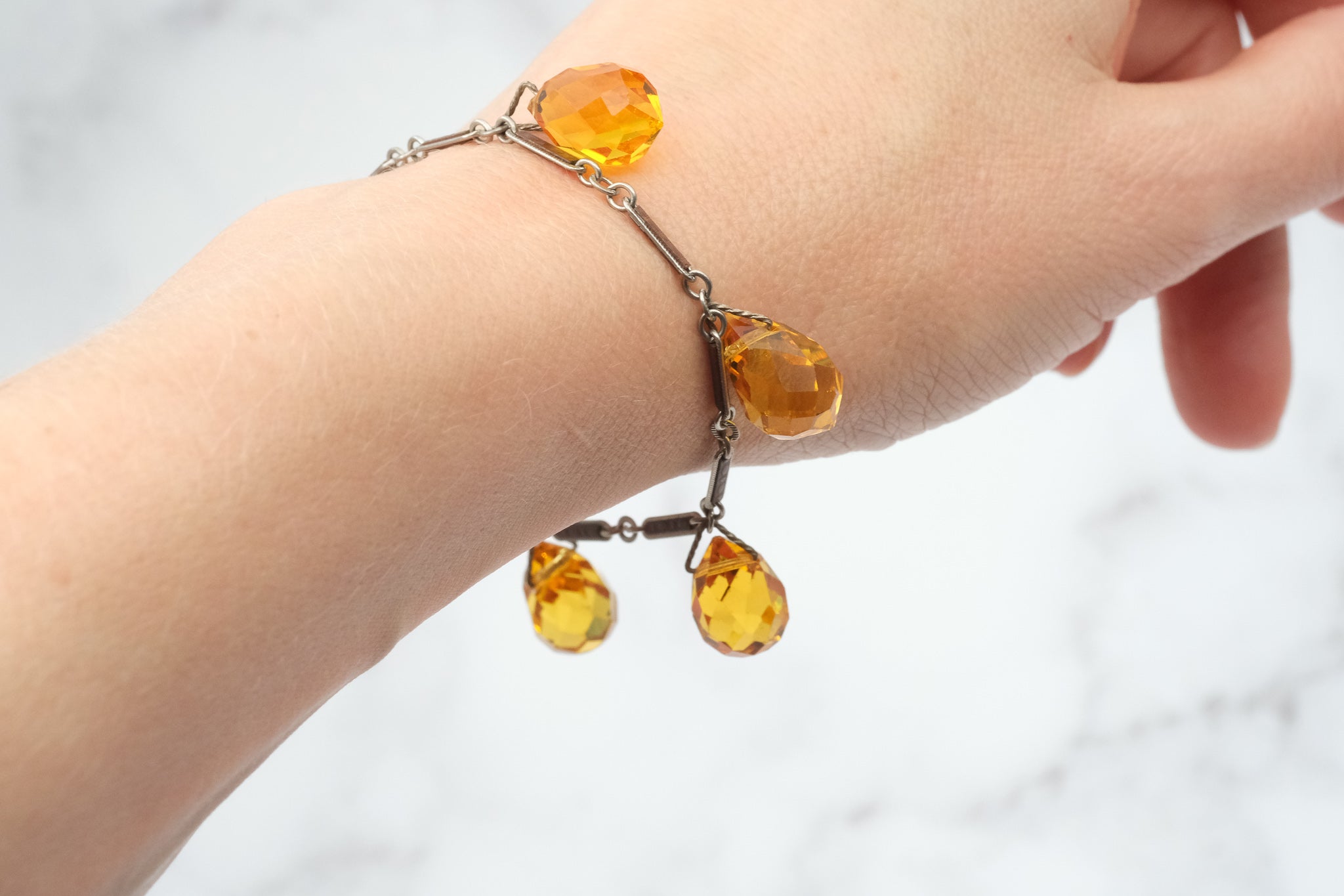 Antique Art Deco silver tone and brown enamel bar link bracelet with faceted citrine glass drops