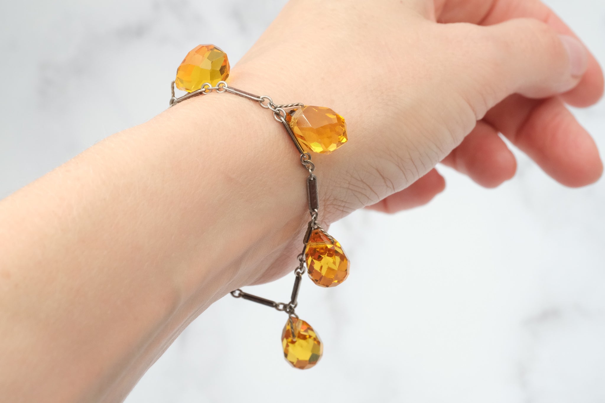 Antique Art Deco silver tone and brown enamel bar link bracelet with faceted citrine glass drops