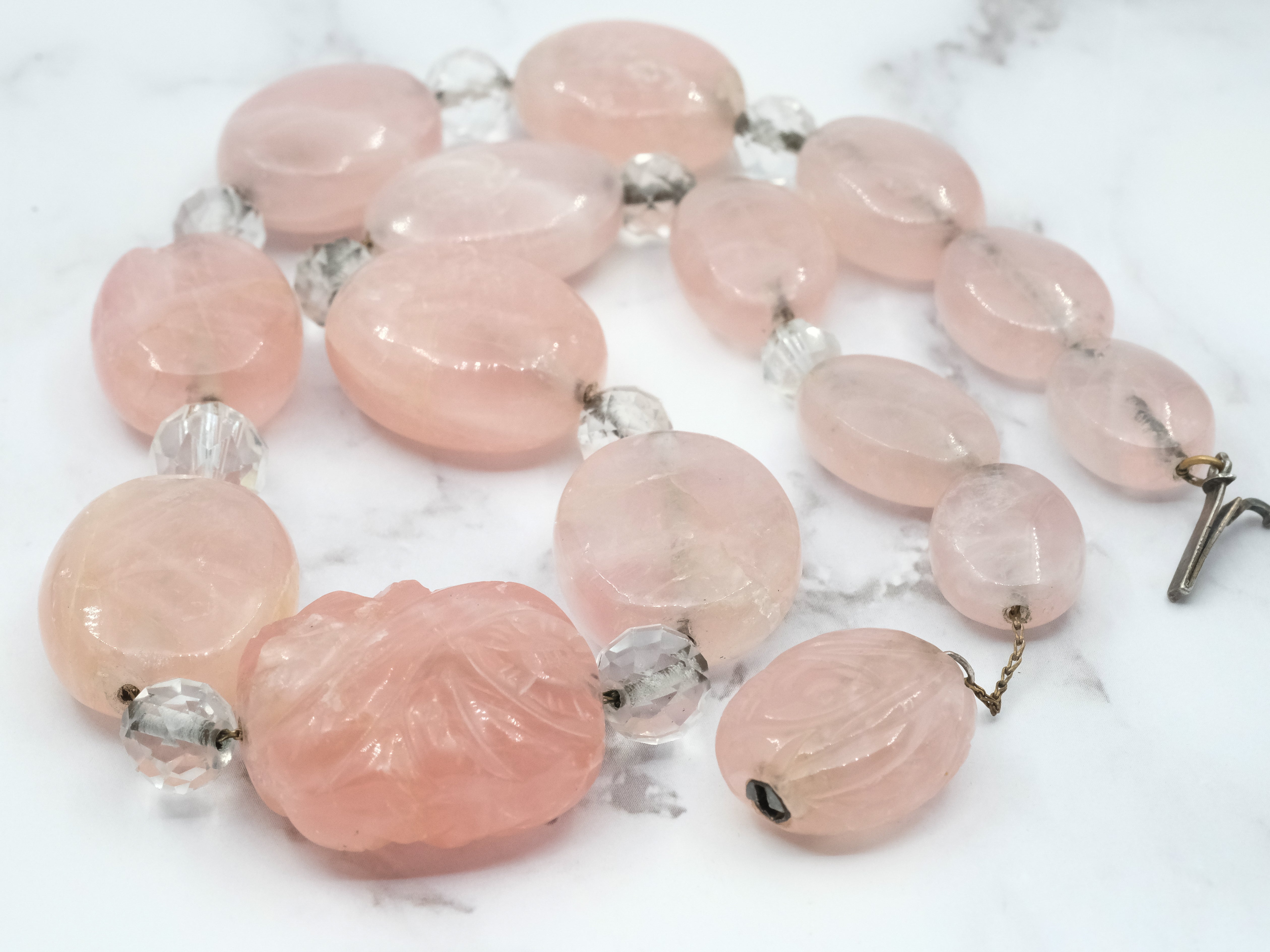 Antique Art Deco carved rose quartz and rock crystal beaded necklace