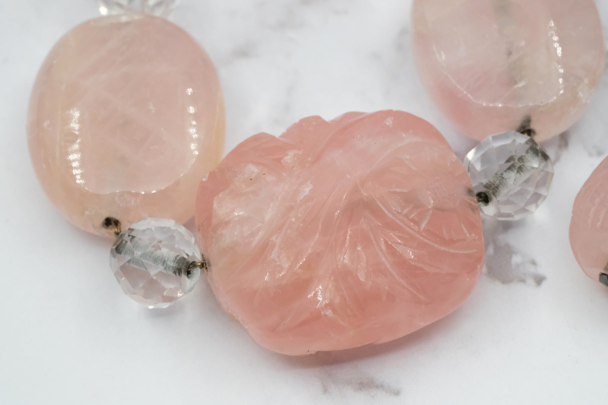 Antique Art Deco carved rose quartz and rock crystal beaded necklace