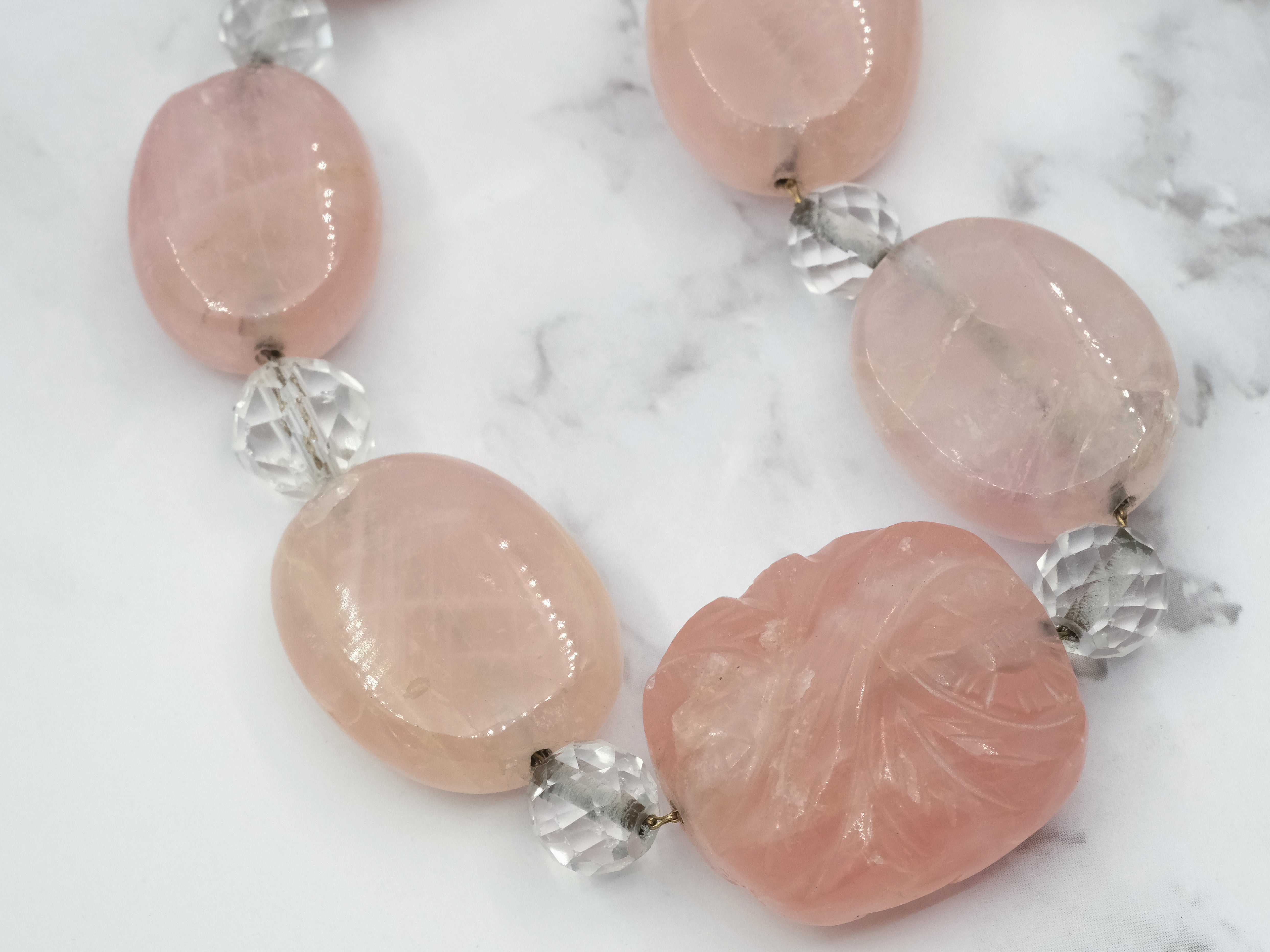 Antique Art Deco carved rose quartz and rock crystal beaded necklace