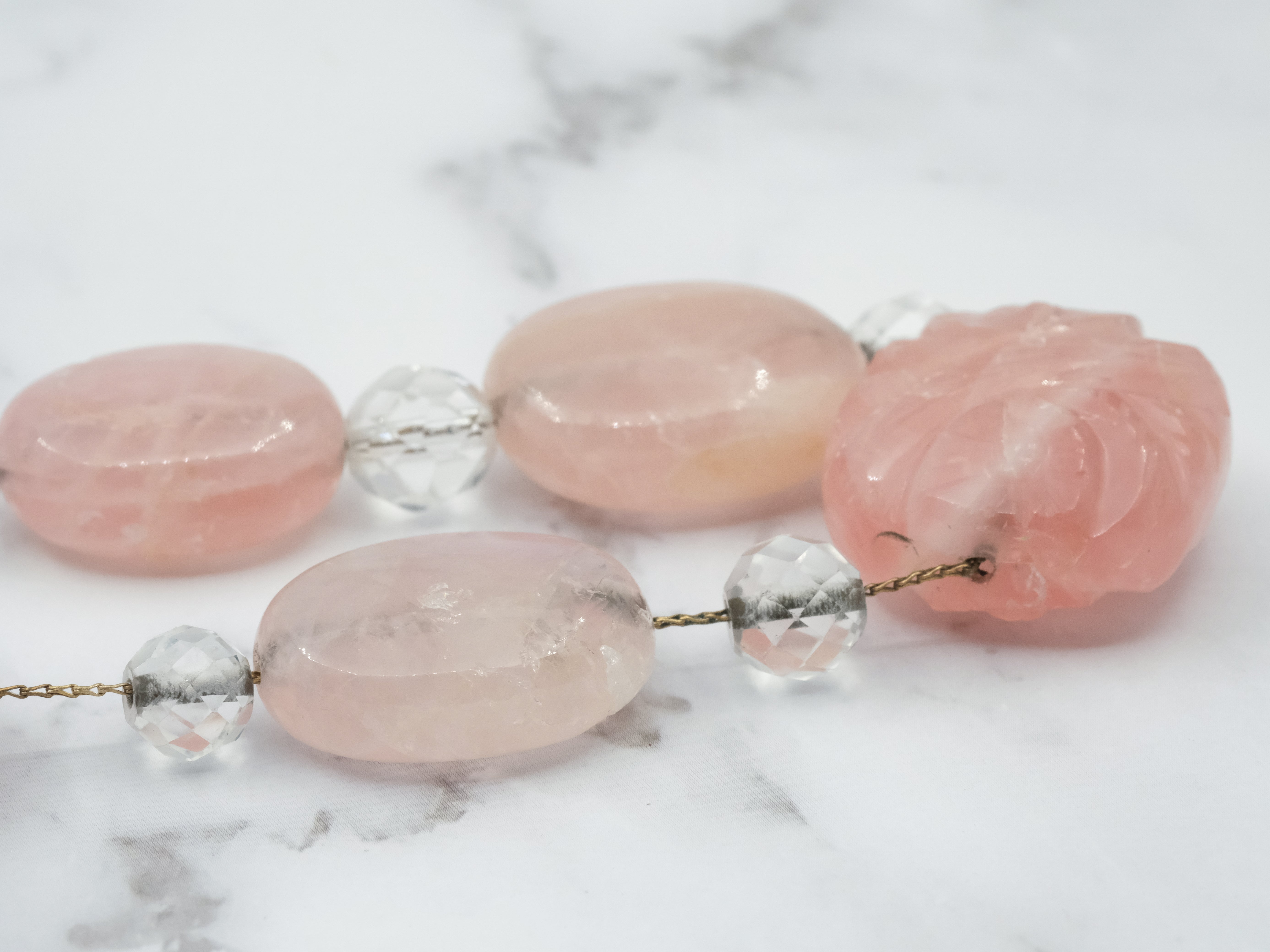 Antique Art Deco carved rose quartz and rock crystal beaded necklace