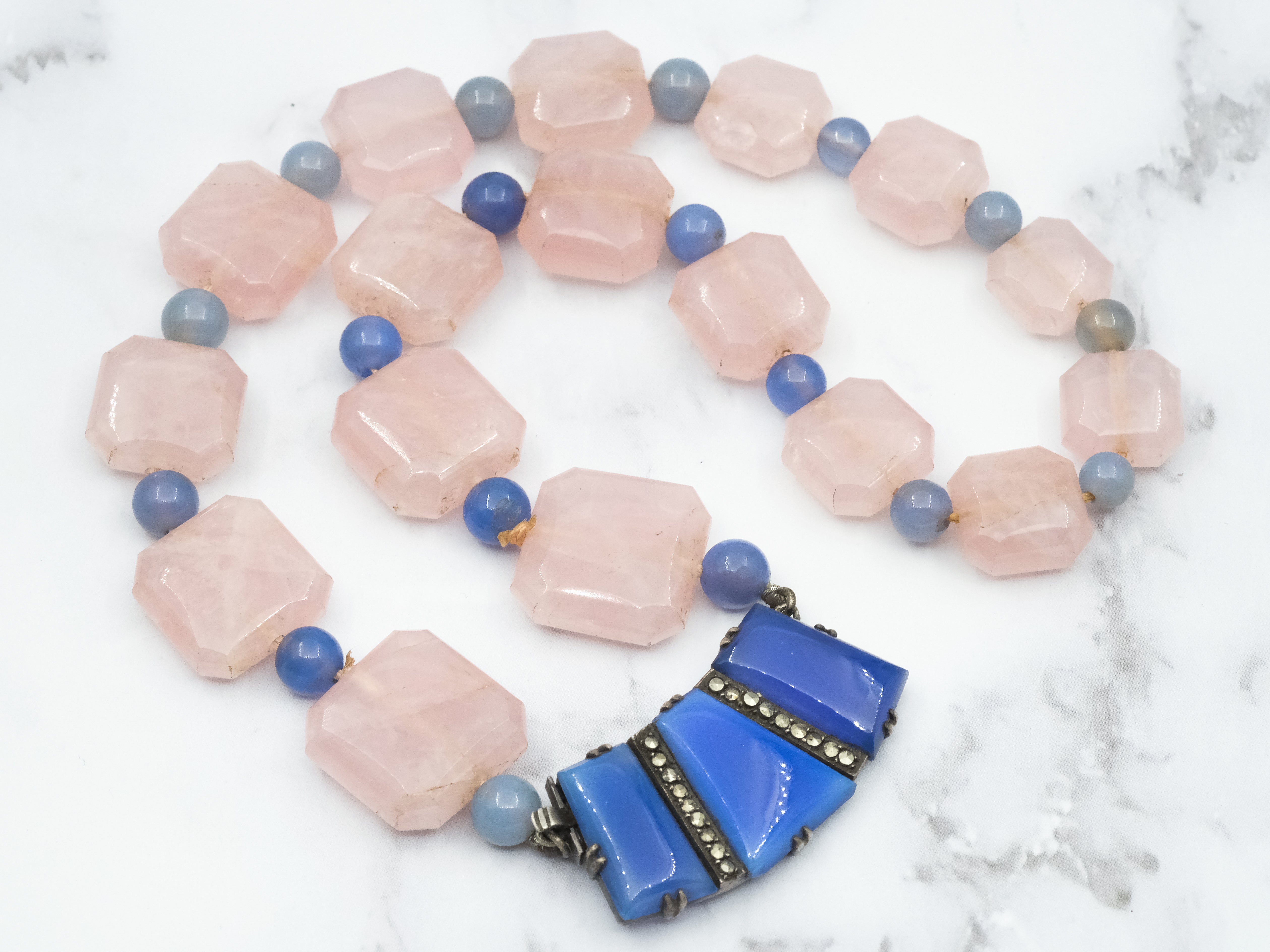 Incredible antique German Art Deco rose quartz and blue chalcedony necklace with sterling and marcasite statement clasp