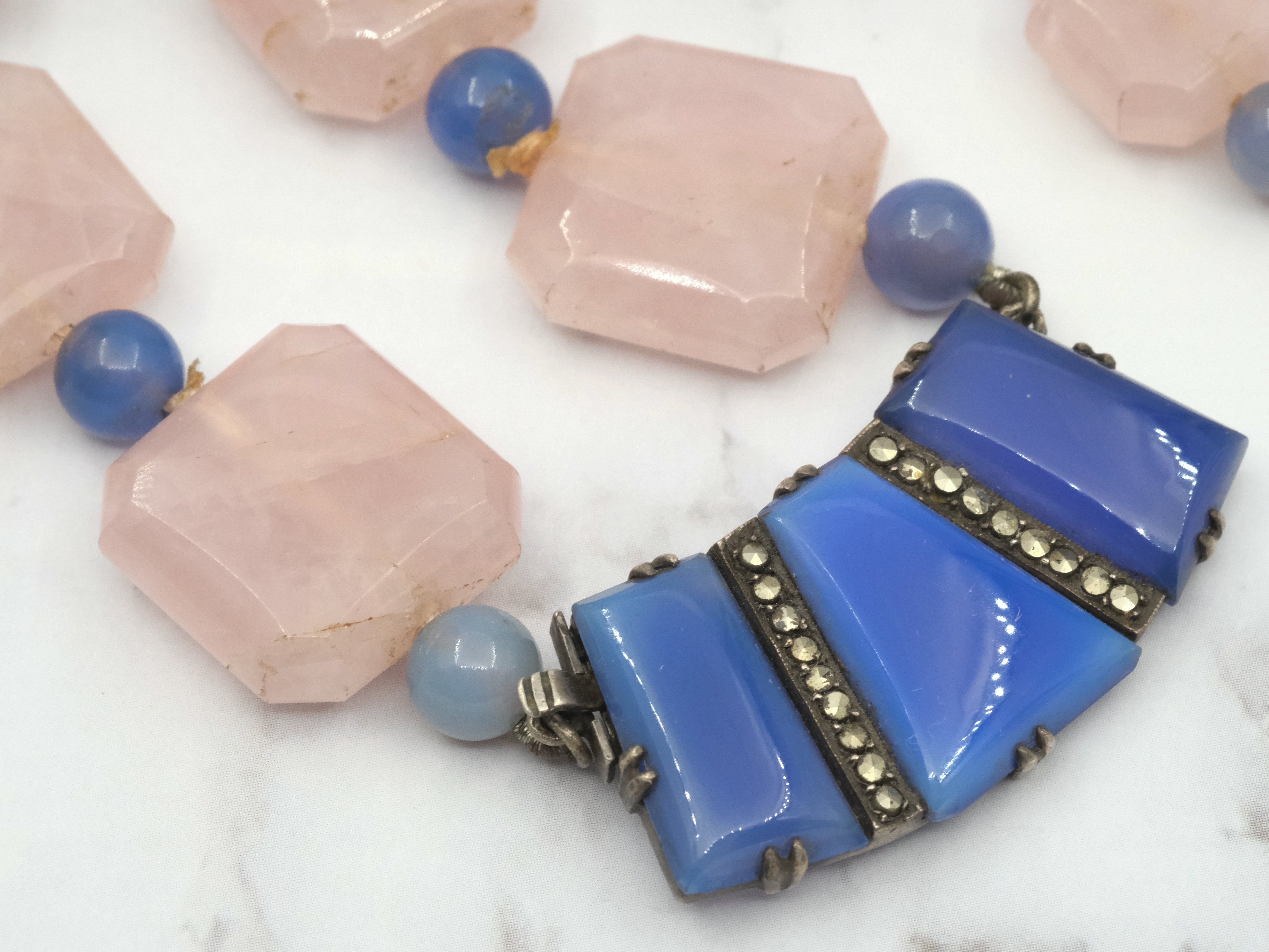 Incredible antique German Art Deco rose quartz and blue chalcedony necklace with sterling and marcasite statement clasp