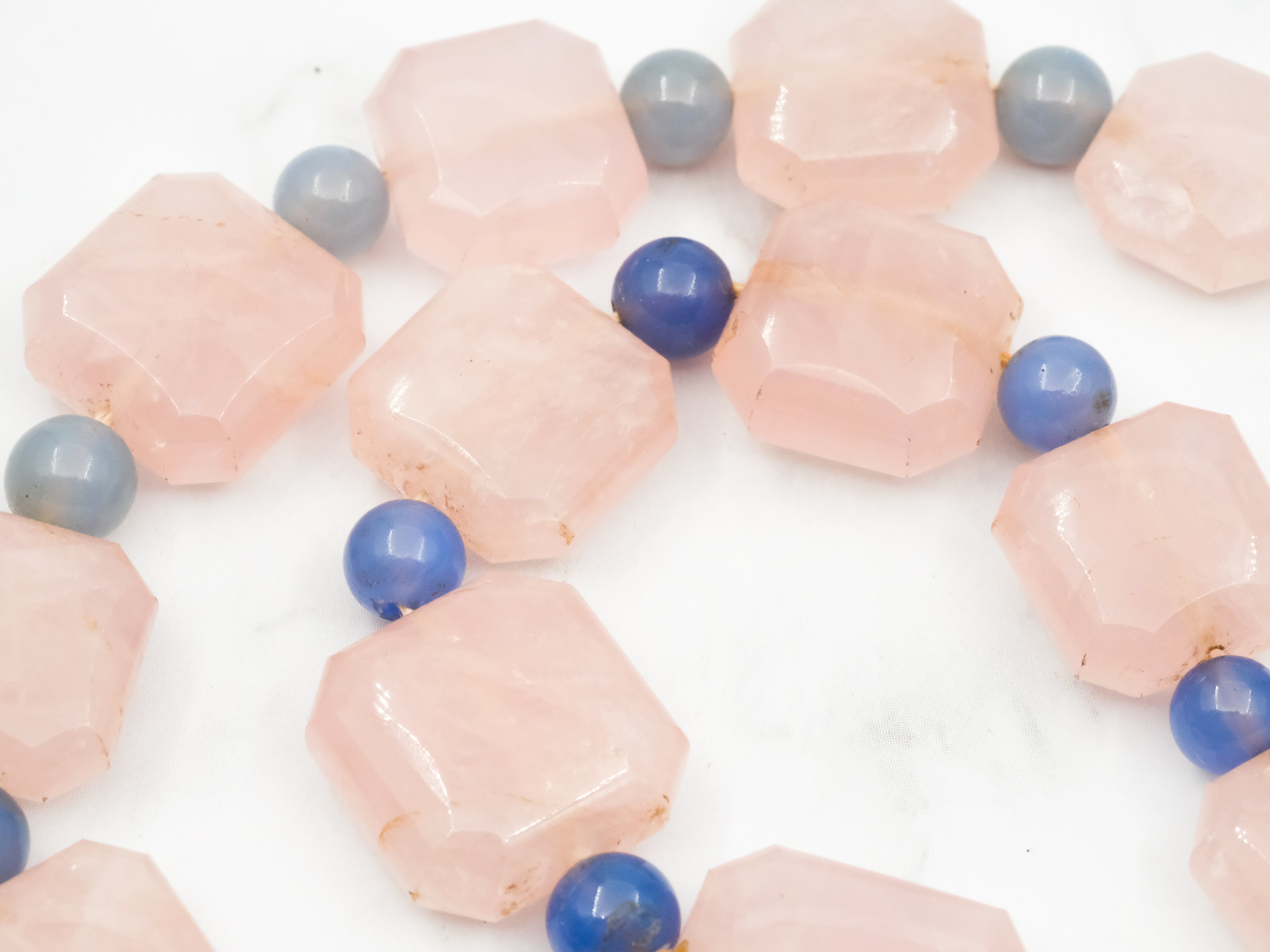 Incredible antique German Art Deco rose quartz and blue chalcedony necklace with sterling and marcasite statement clasp
