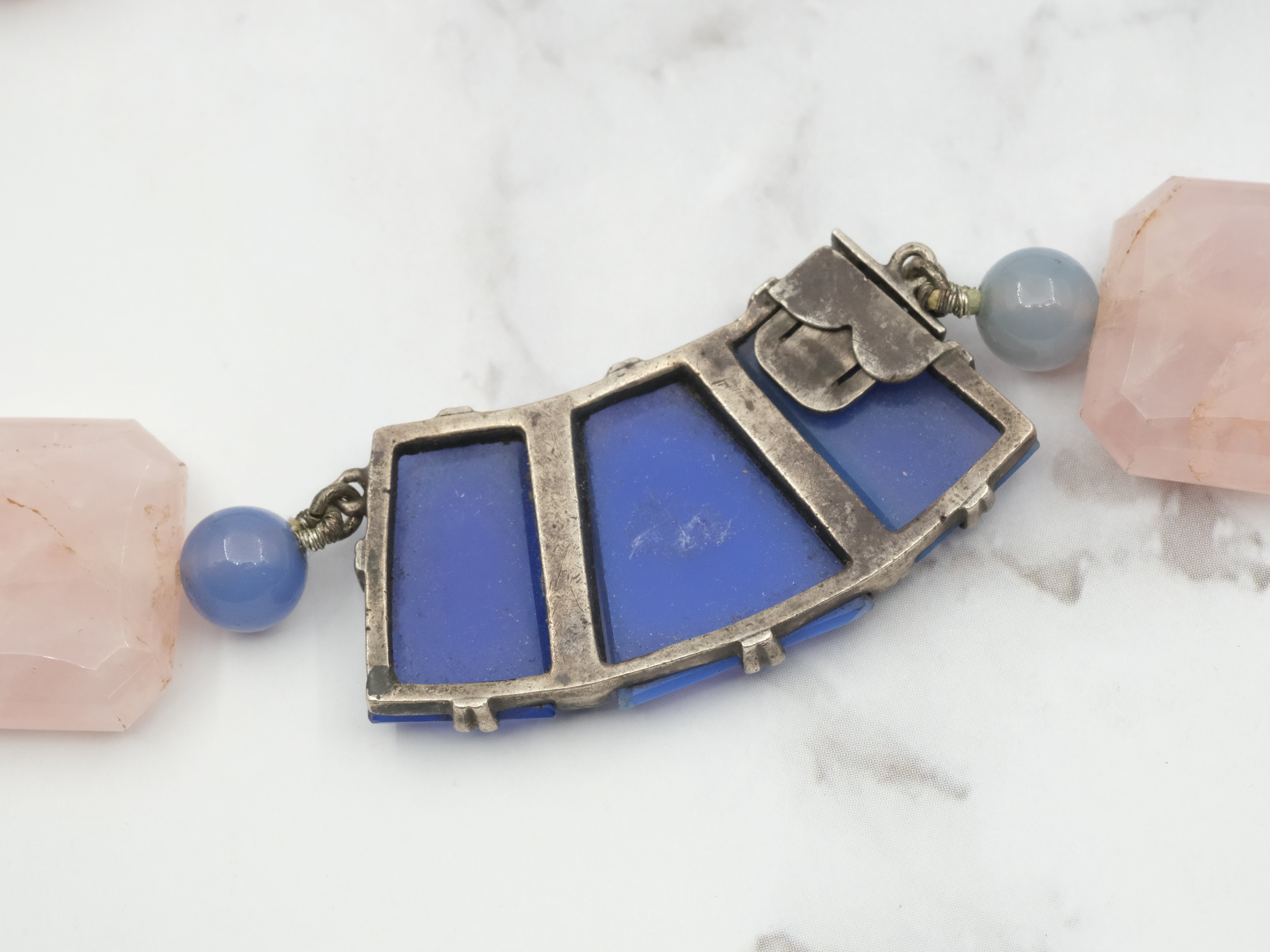 Incredible antique German Art Deco rose quartz and blue chalcedony necklace with sterling and marcasite statement clasp