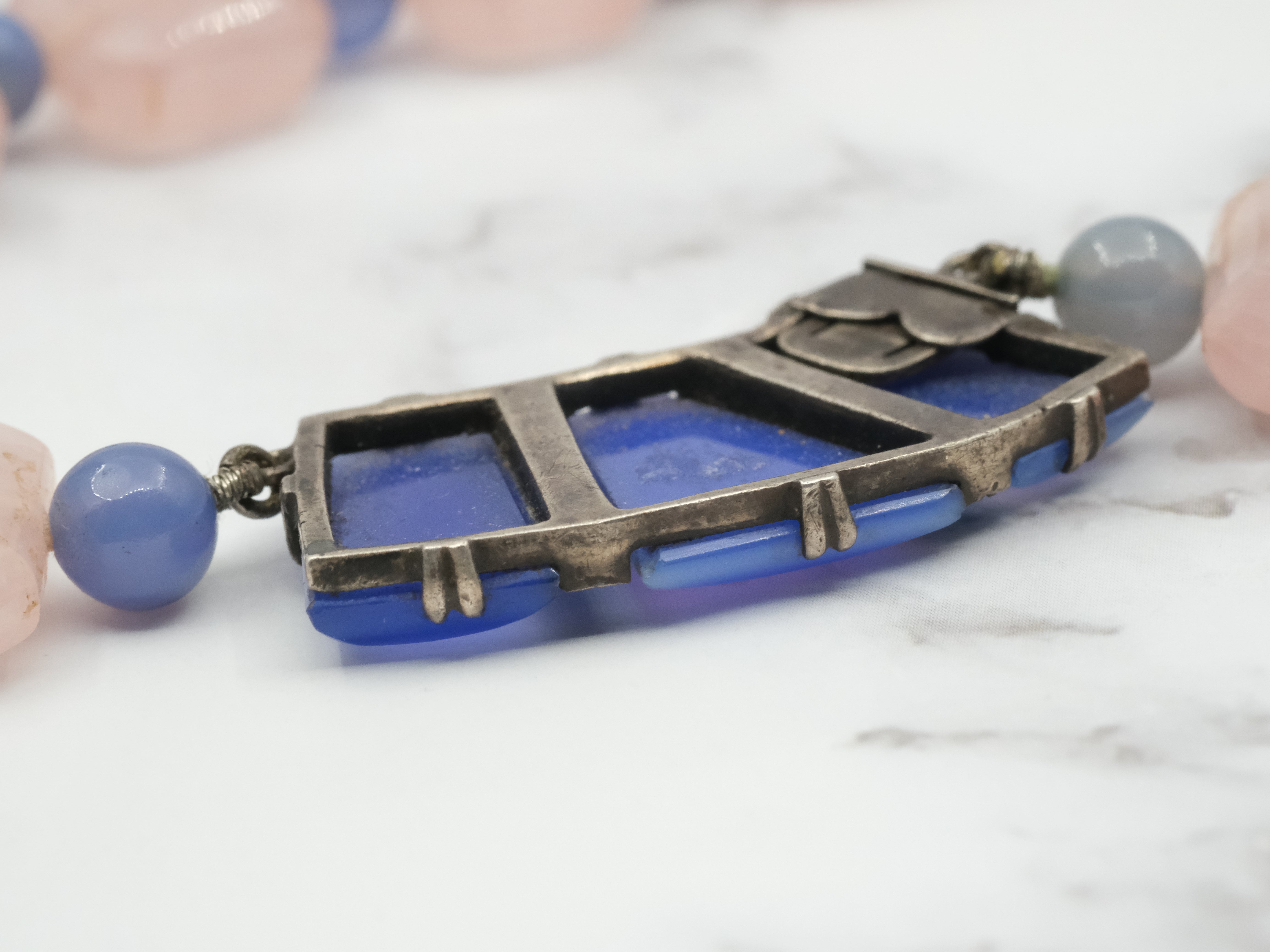 Incredible antique German Art Deco rose quartz and blue chalcedony necklace with sterling and marcasite statement clasp