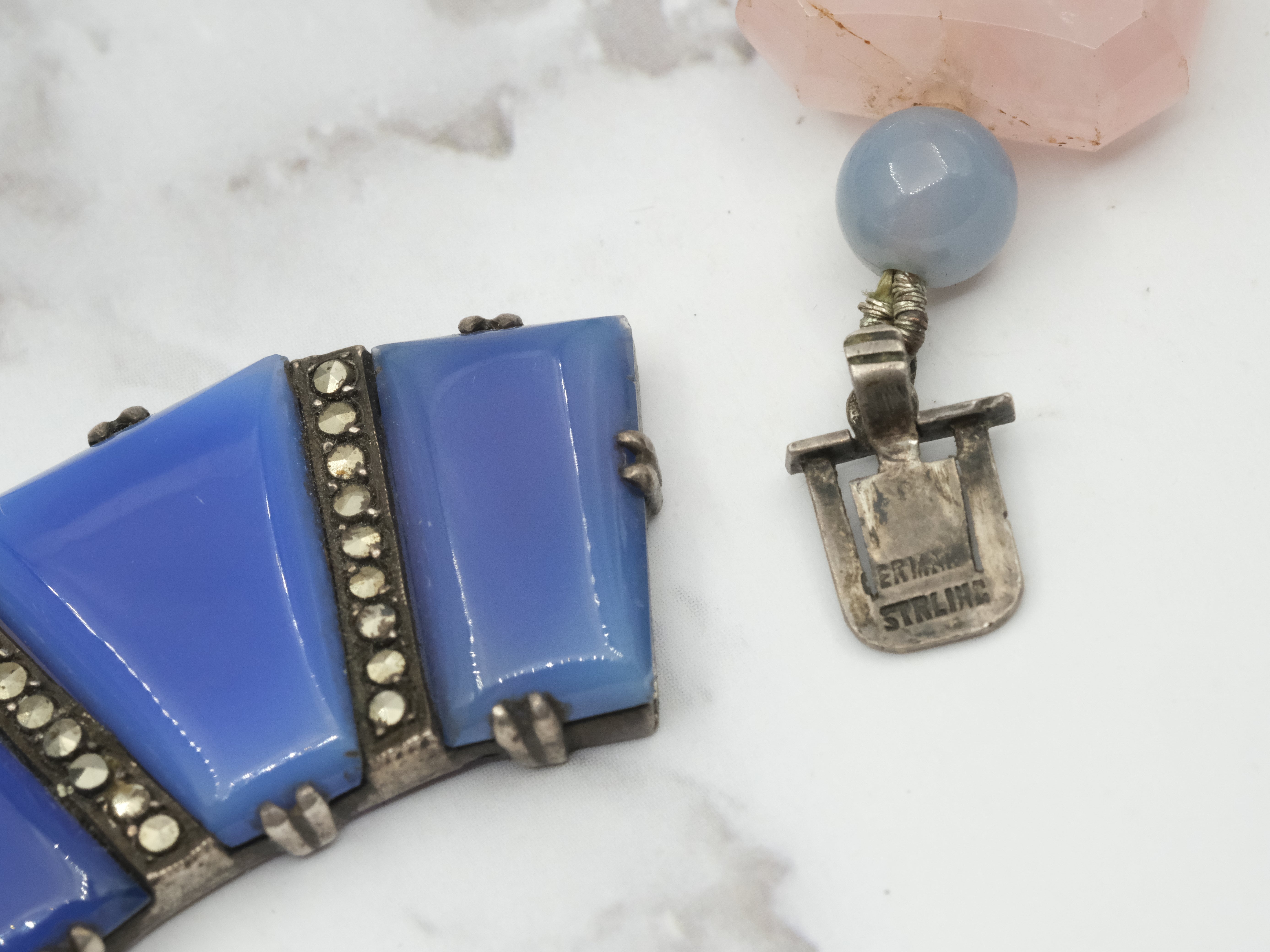 Incredible antique German Art Deco rose quartz and blue chalcedony necklace with sterling and marcasite statement clasp