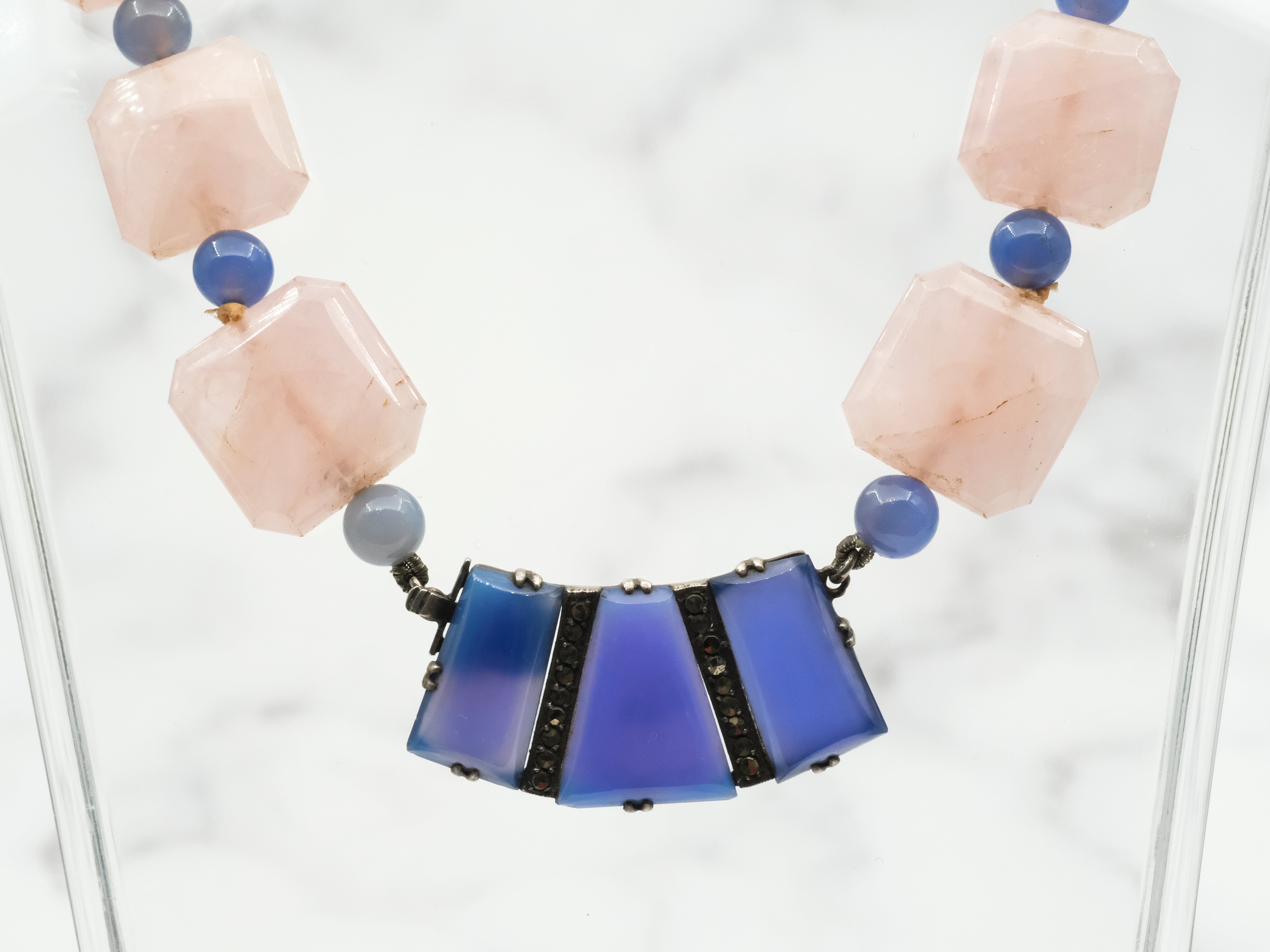 Incredible antique German Art Deco rose quartz and blue chalcedony necklace with sterling and marcasite statement clasp