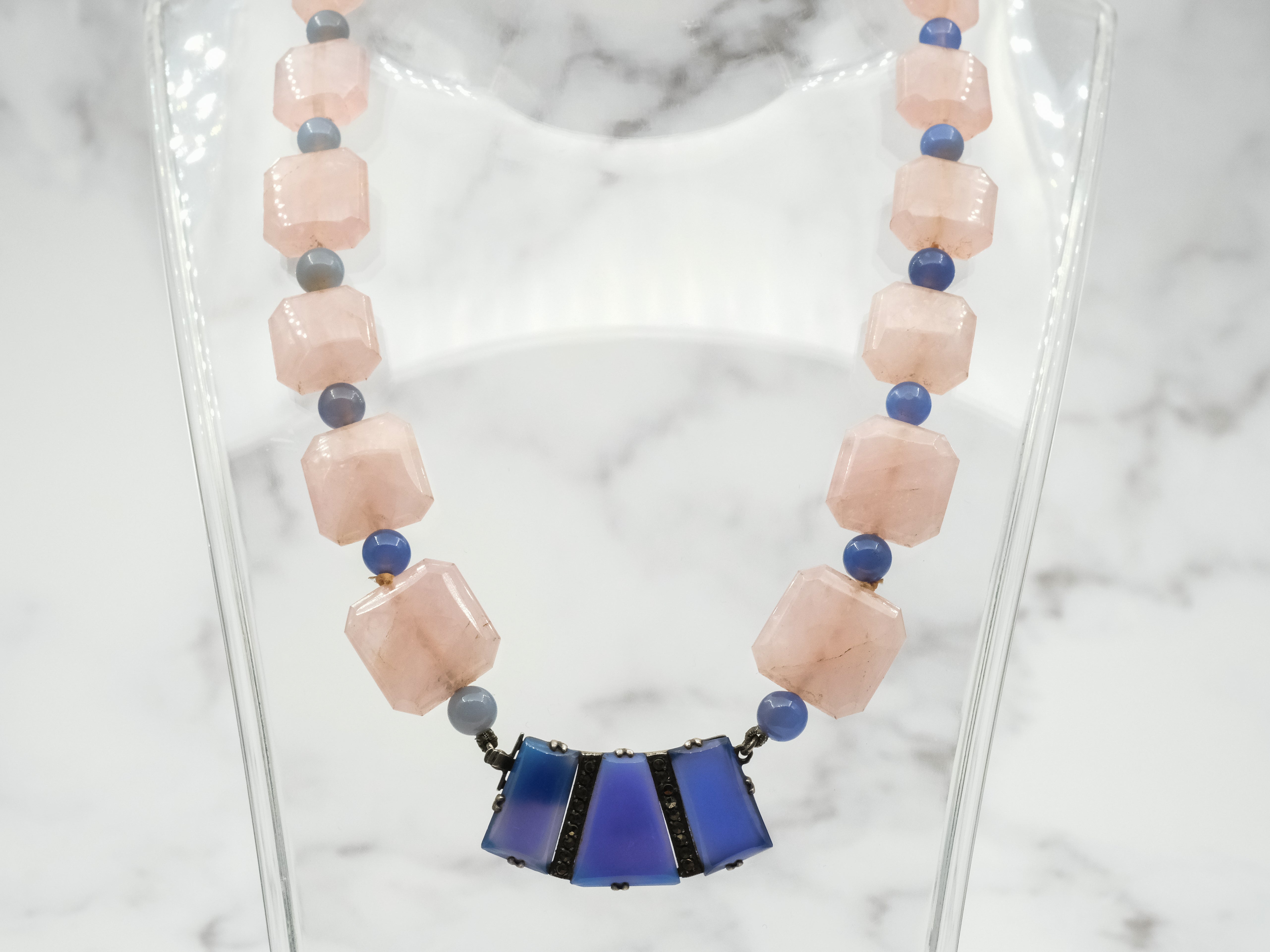 Incredible antique German Art Deco rose quartz and blue chalcedony necklace with sterling and marcasite statement clasp