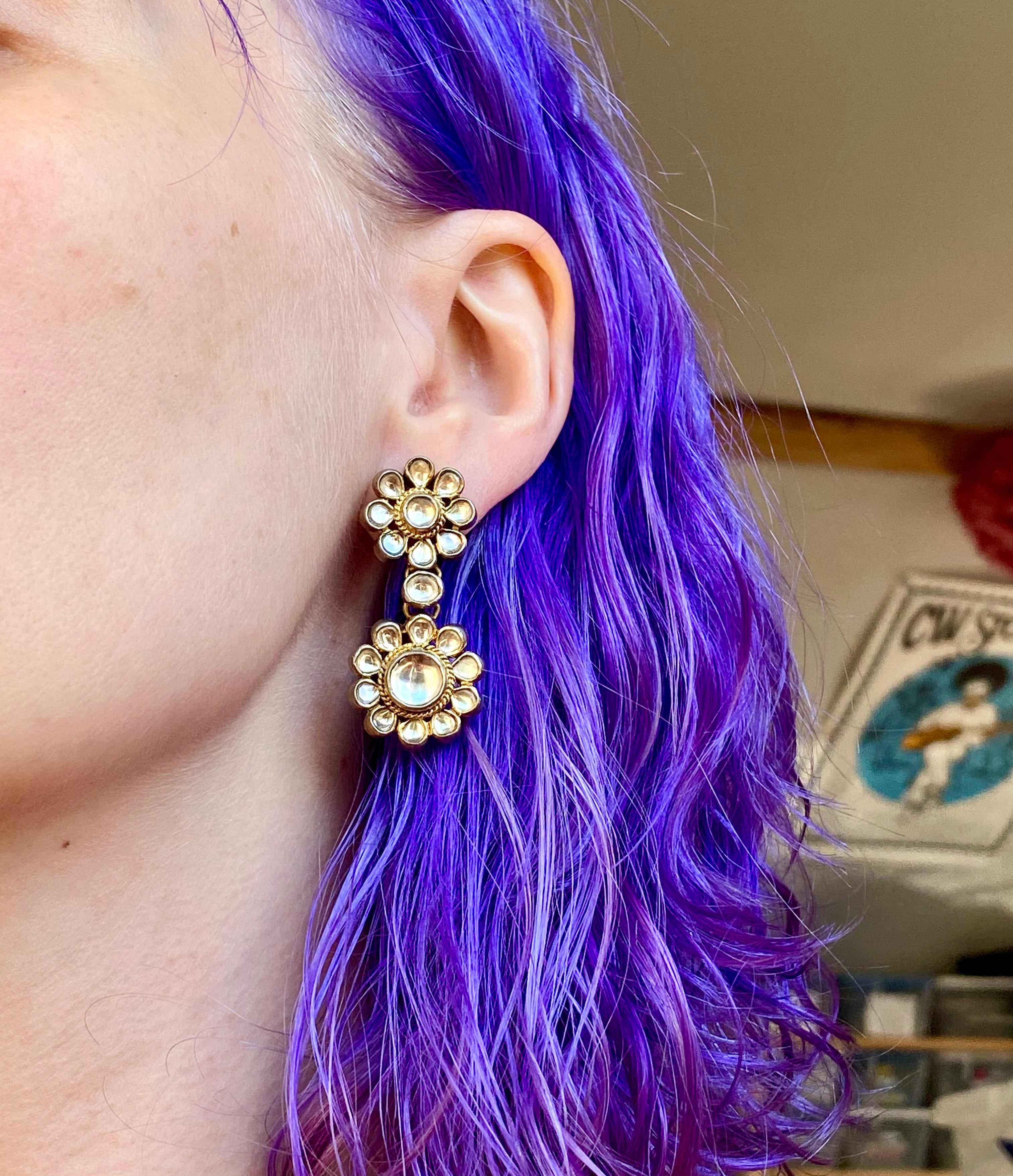 Vintage gilt sterling silver white topaz kundan flower earrings