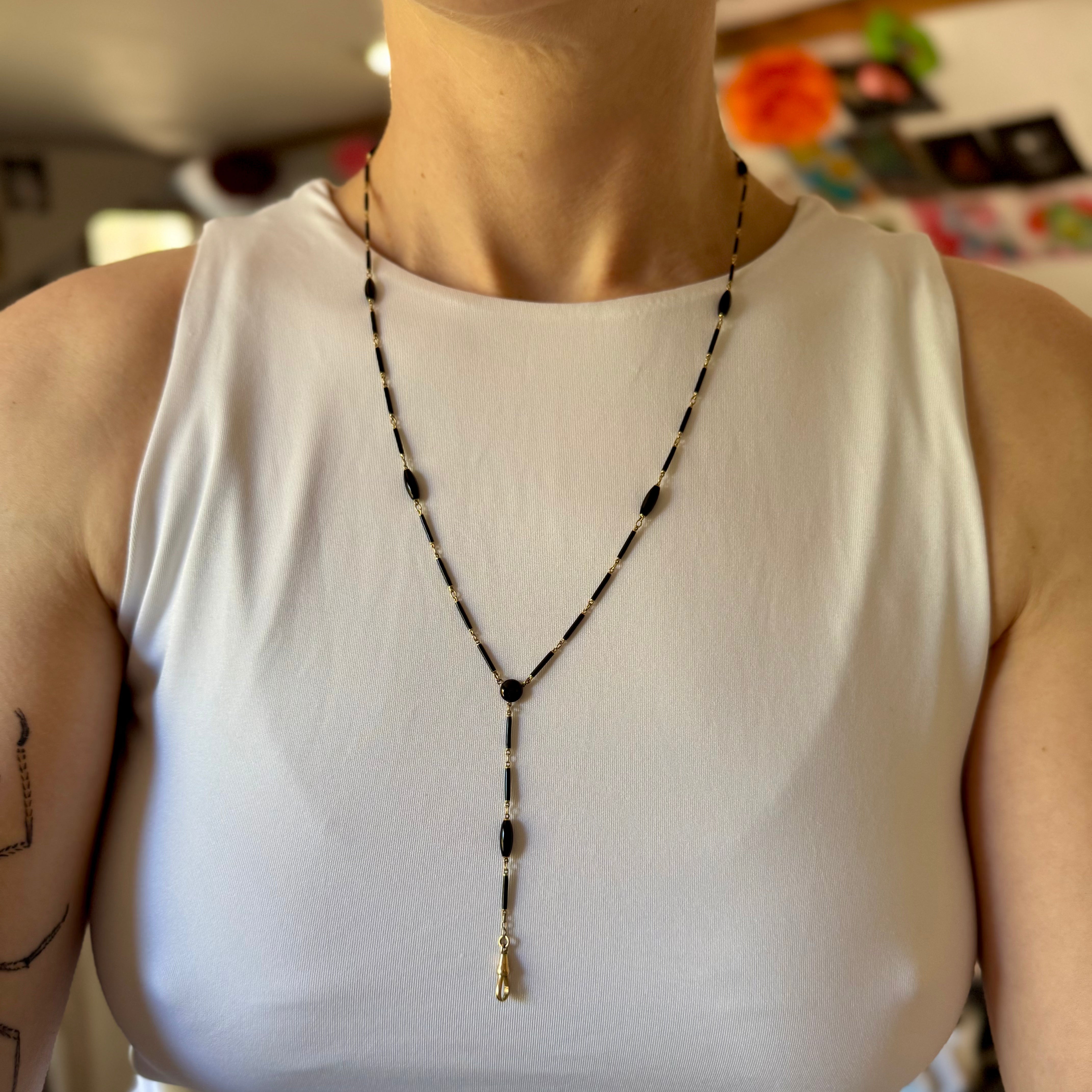 Antique Victorian Carter, Gough & Co. 14k gold black enamel barrel link necklace with "Y" drop and dog clip fastener