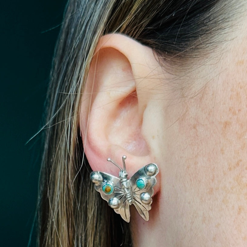 Antique 1930’s Mexican sterling & turquoise butterfly earrings