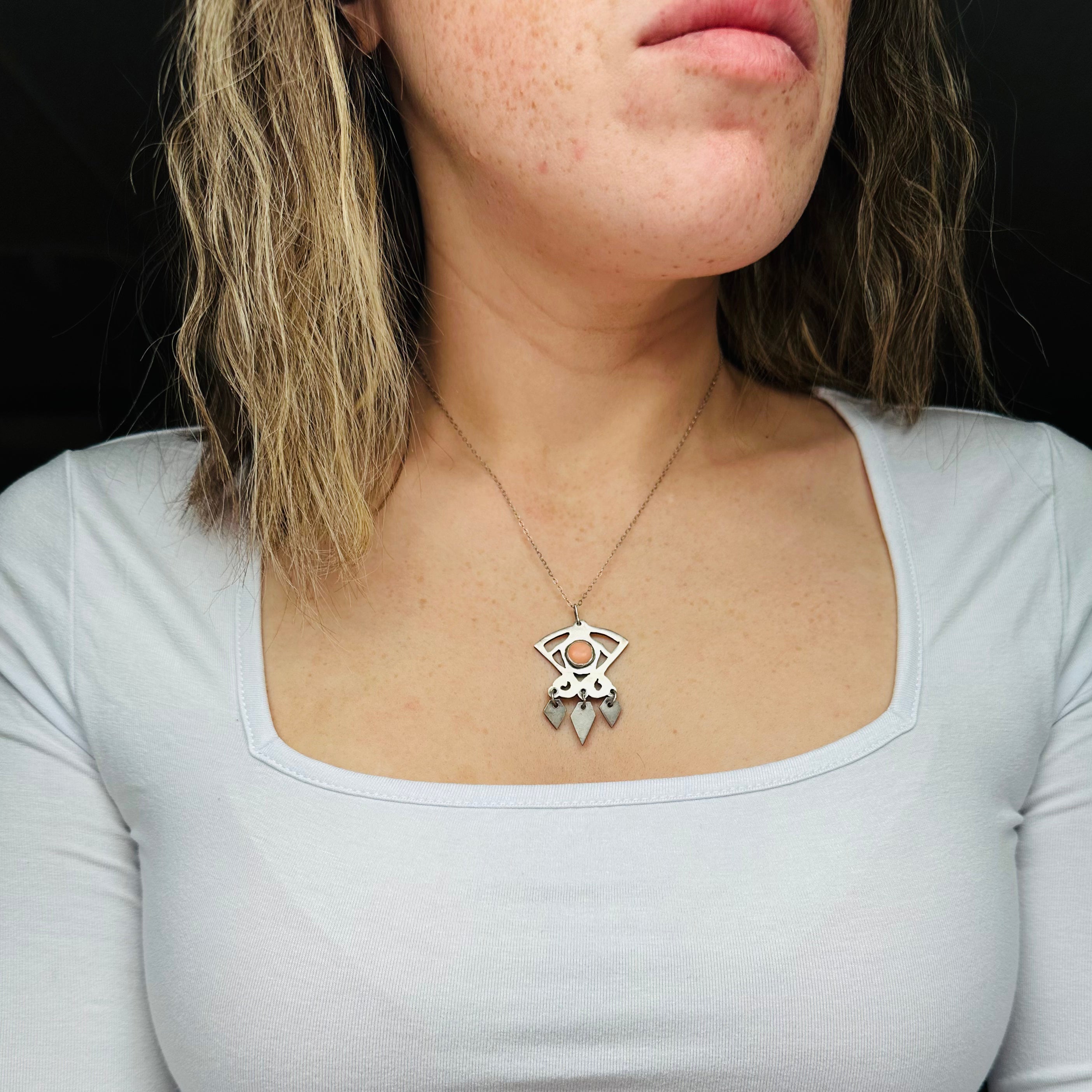 Antique Art Deco handmade sterling & pink coral pendant on a curb link necklace chain, 19”