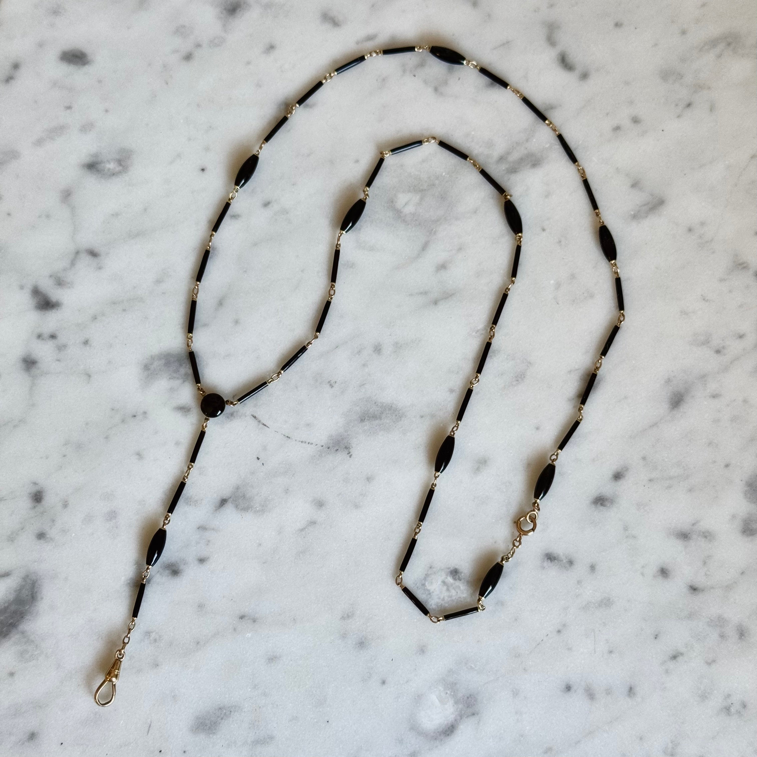 Antique Victorian Carter, Gough & Co. 14k gold black enamel barrel link necklace with "Y" drop and dog clip fastener