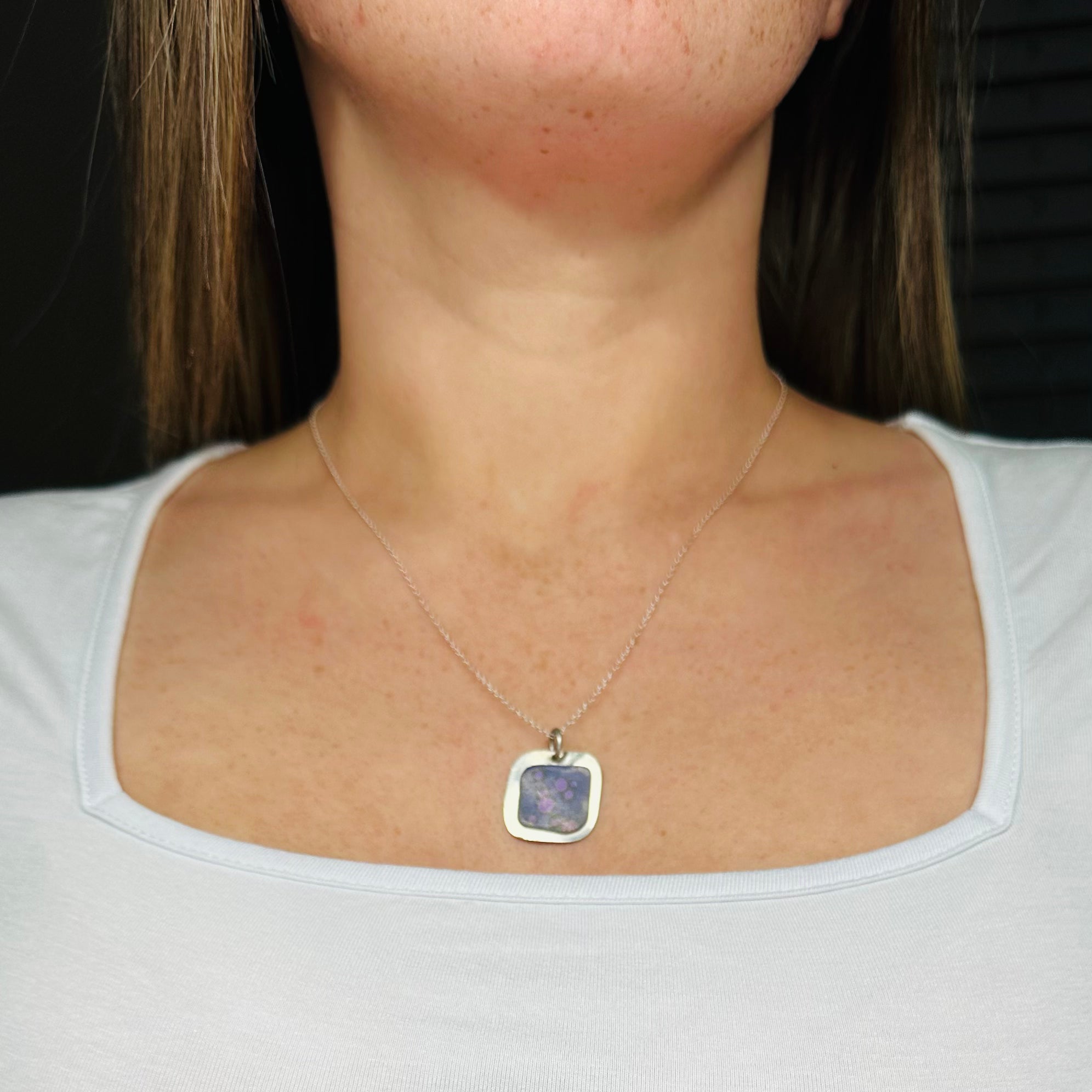 Vintage handmade 90’s sterling enamel tile pendant necklace