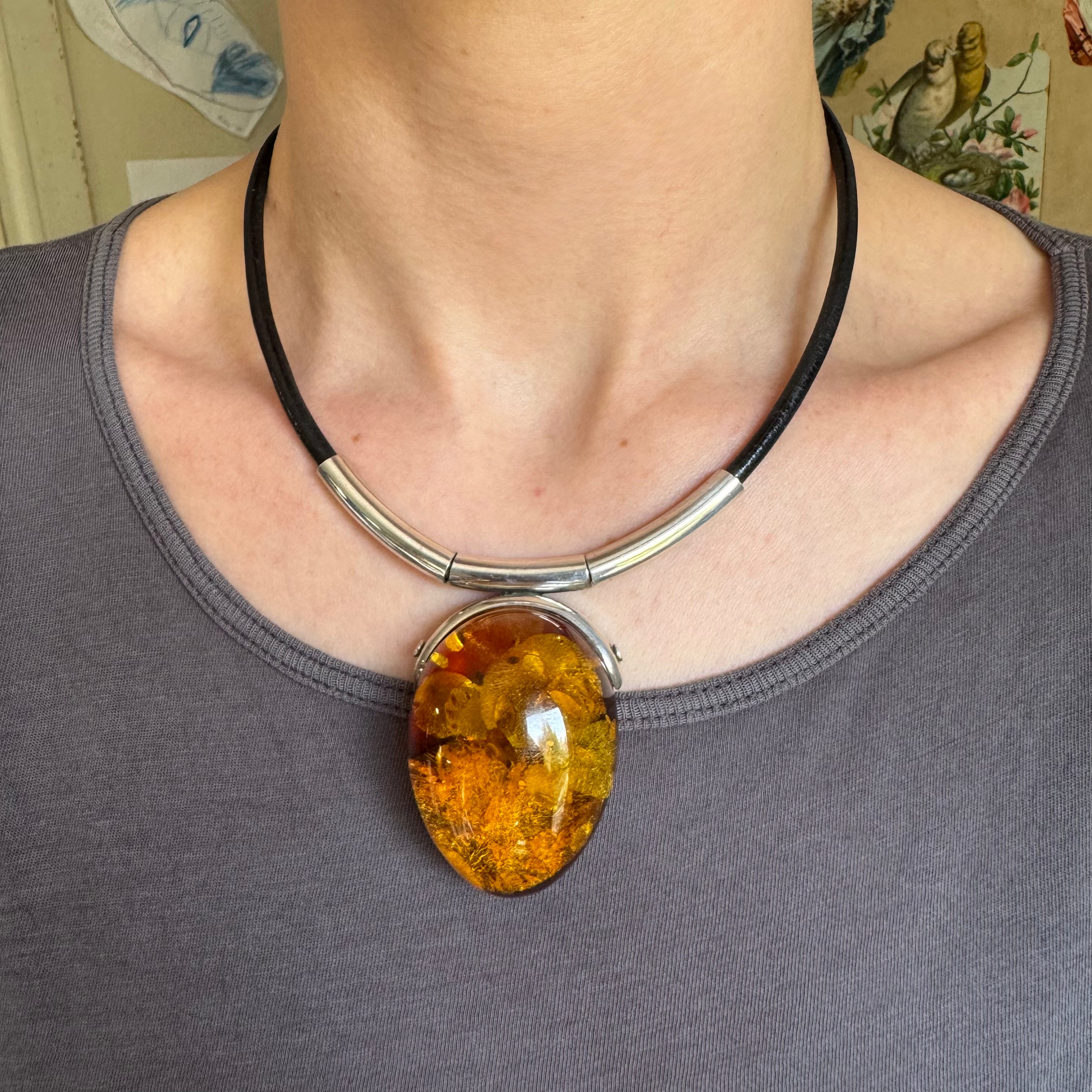 Massive retro amber sterling pendant necklace on leather cord