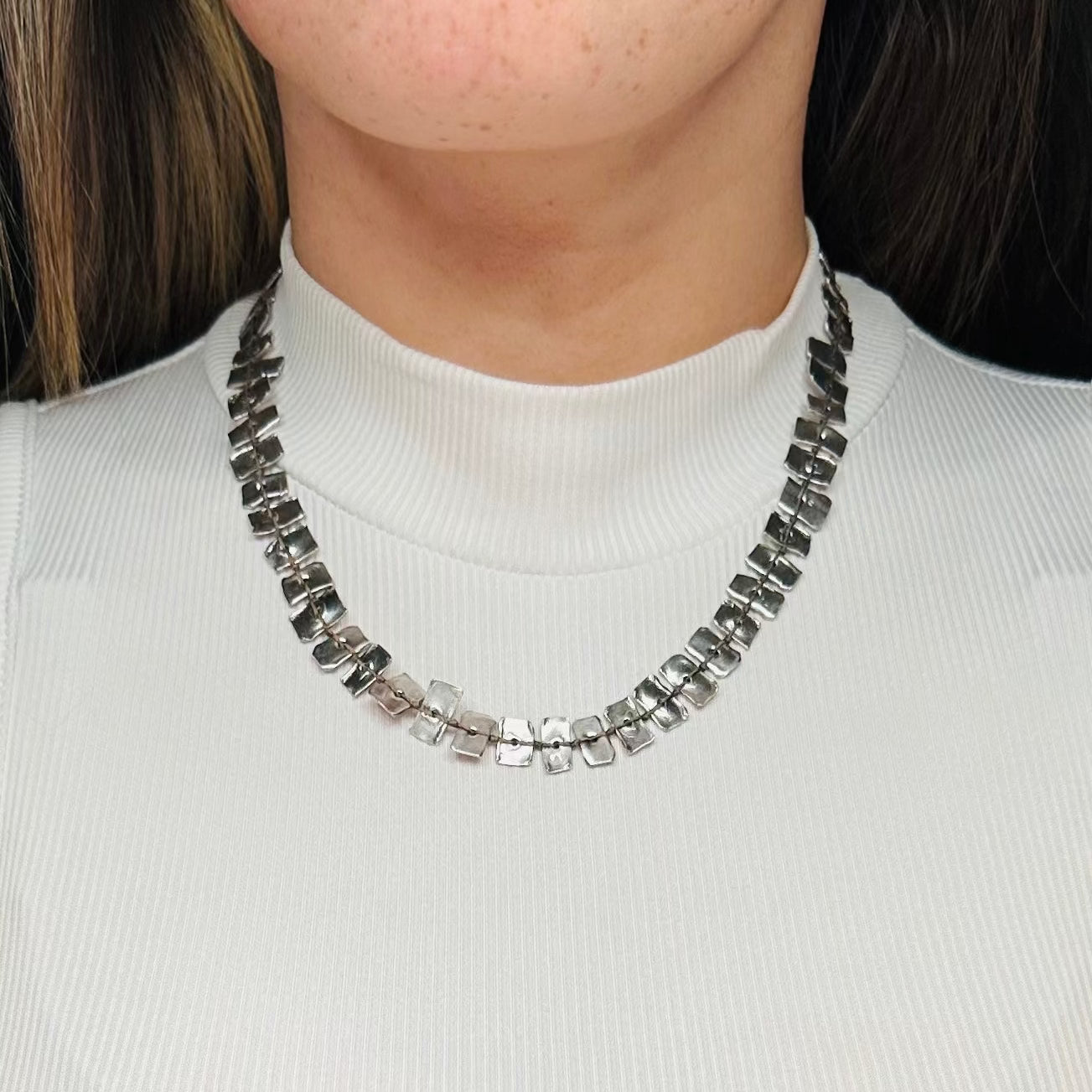 Vintage handmade KVK .999 fine silver on black thread panel bead necklace & bracelet set