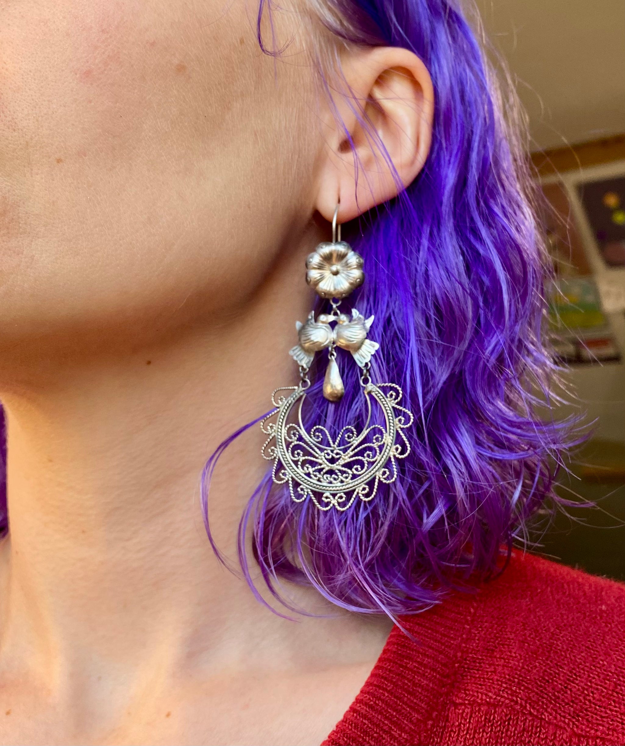 Large Navajo sterling silver chandelier earrings handmade love birds