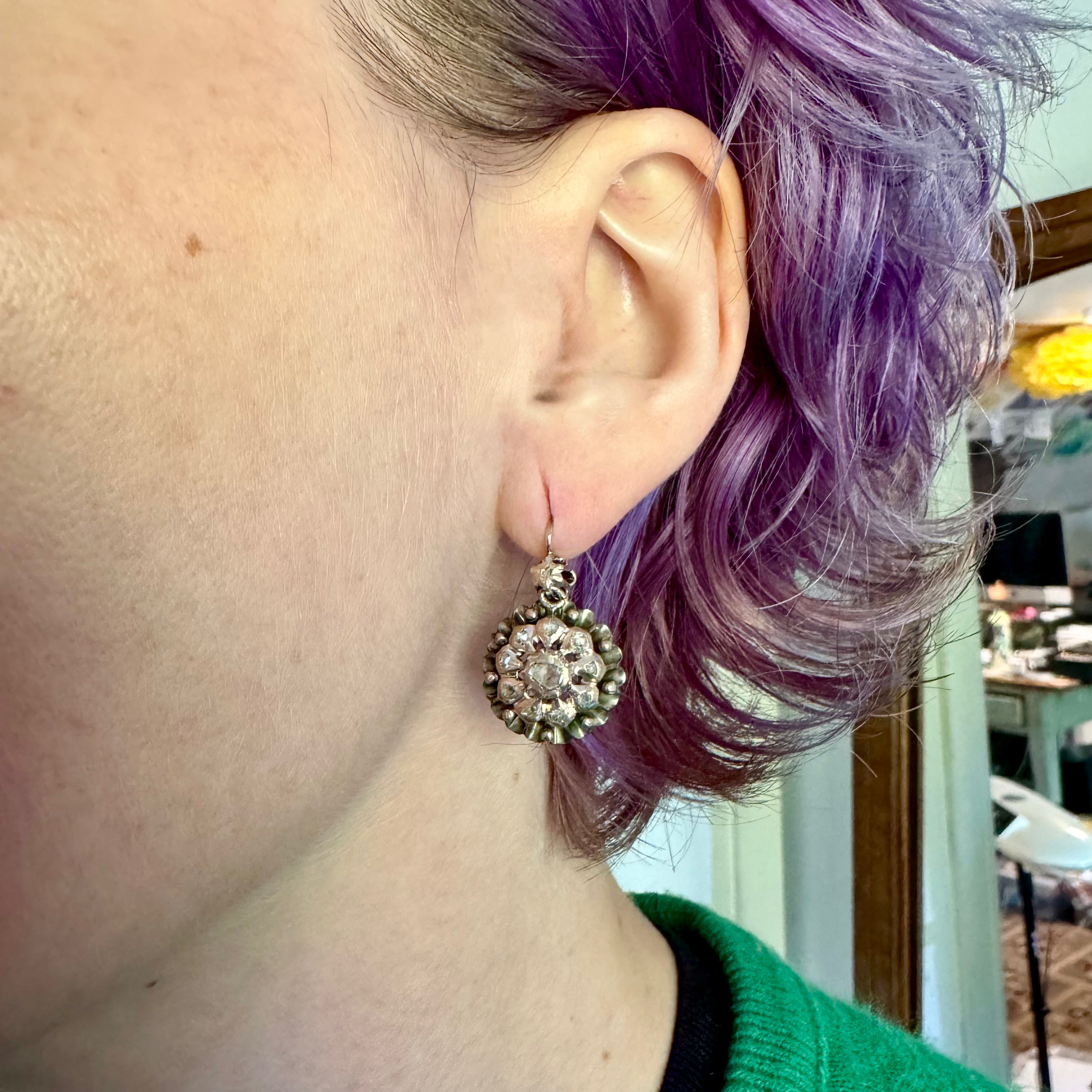 Antique Georgian 9k gold & silver rose cut diamond drop earrings