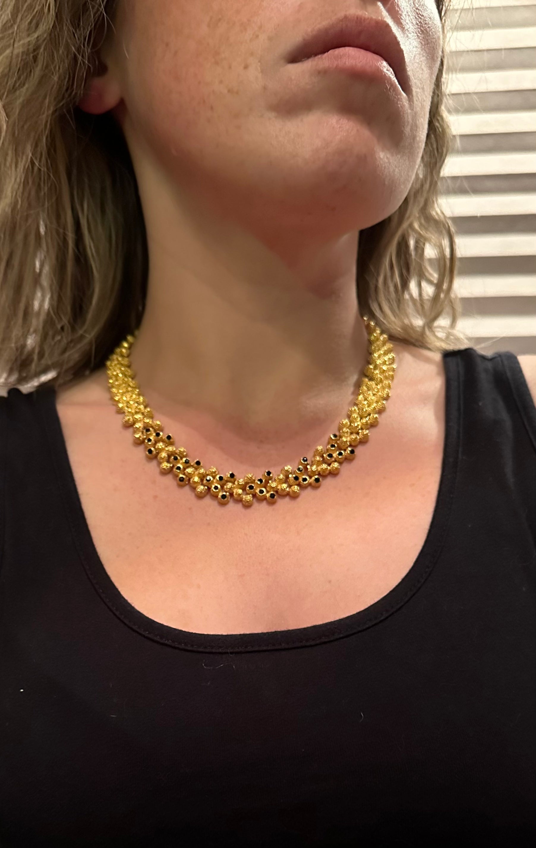 Vintage gold plated textured attached bead necklace with black glass tips