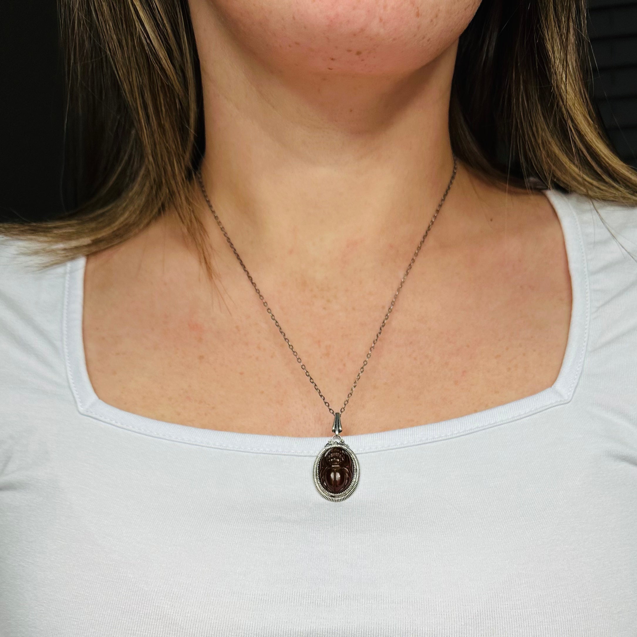 Antique Victorian sterling & brown slag glass scarab necklace