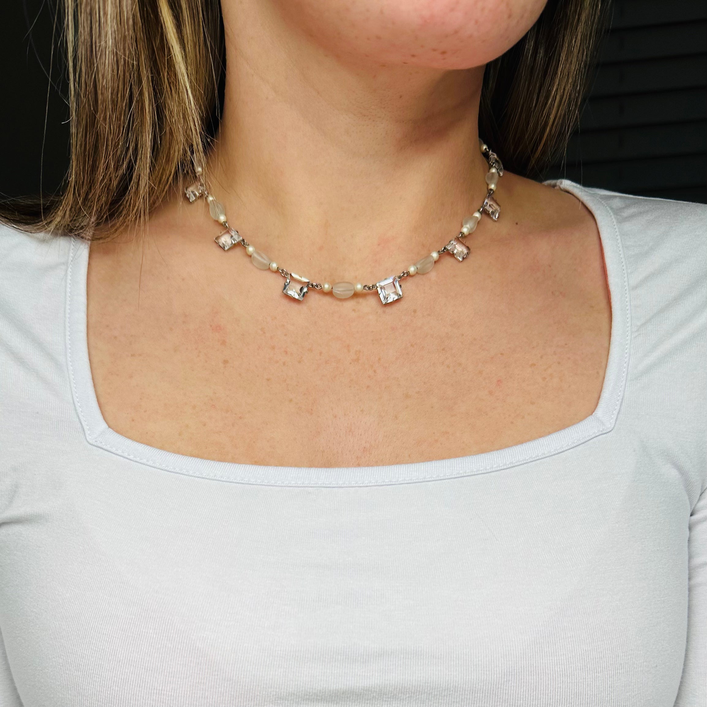 Antique Art Deco square cut crystal & frosted glass choker necklace