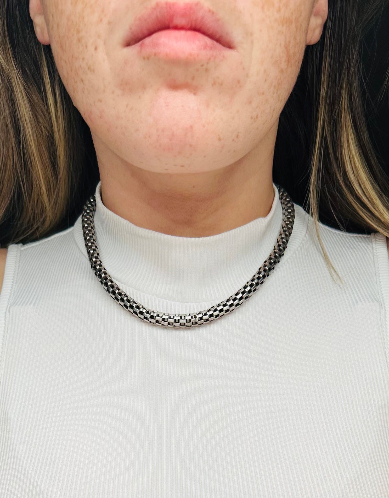 Antique handmade sterling mesh link 7mm tube chain necklace, 17”