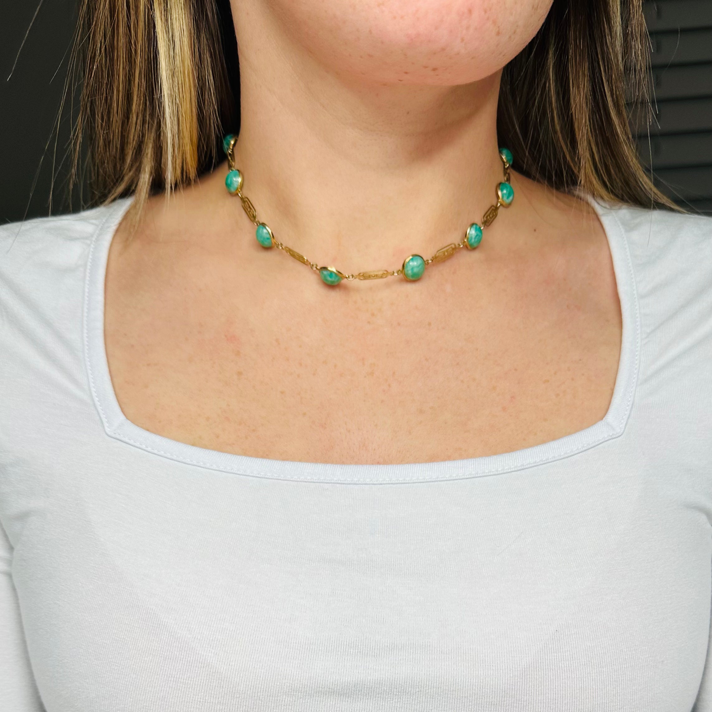 Antique art deco Chinese vermeil sterling tile link & peking glass cabochons necklace - 15"