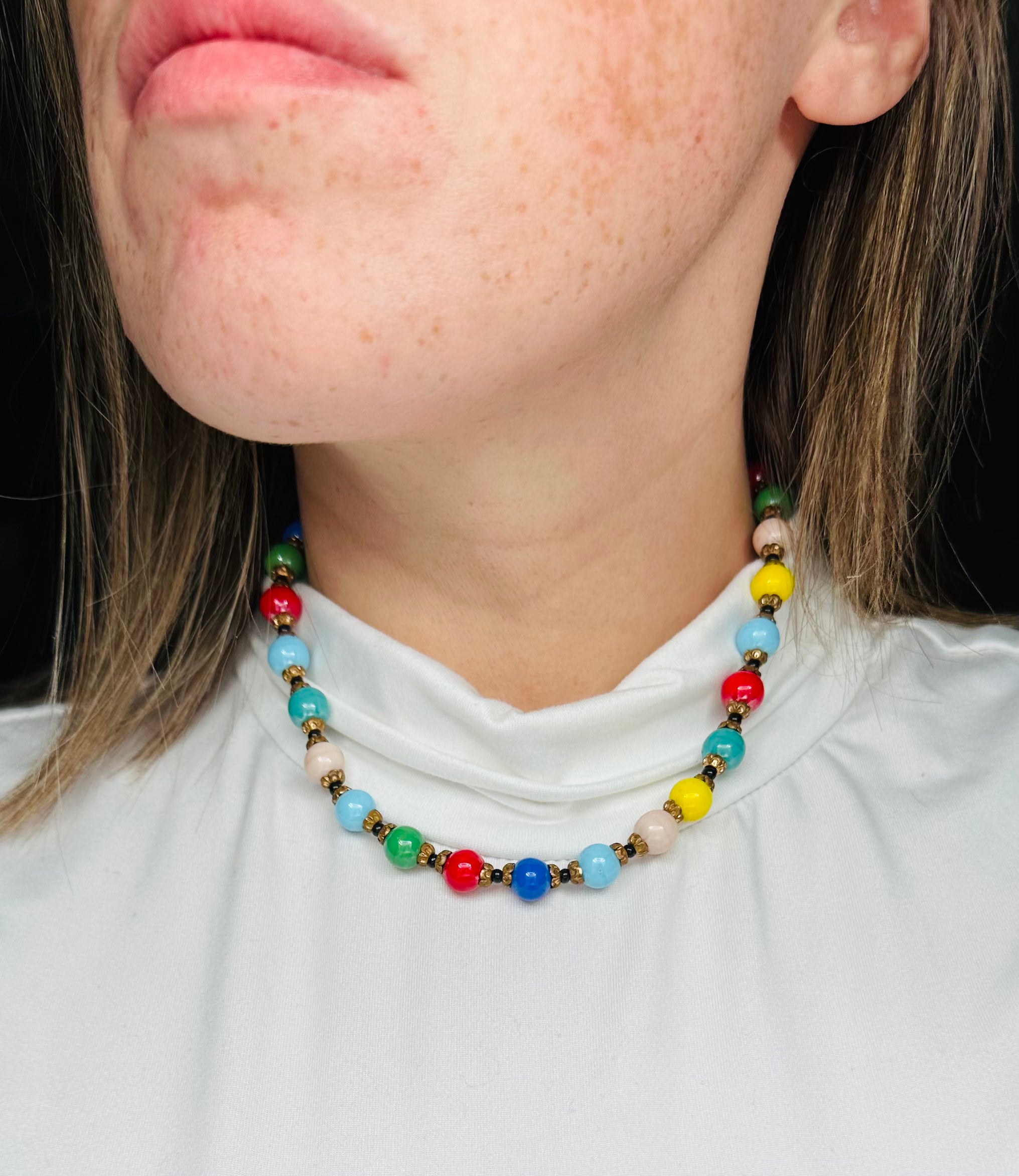 Antique rainbow glass beaded necklace with brass spacers, 16.5"