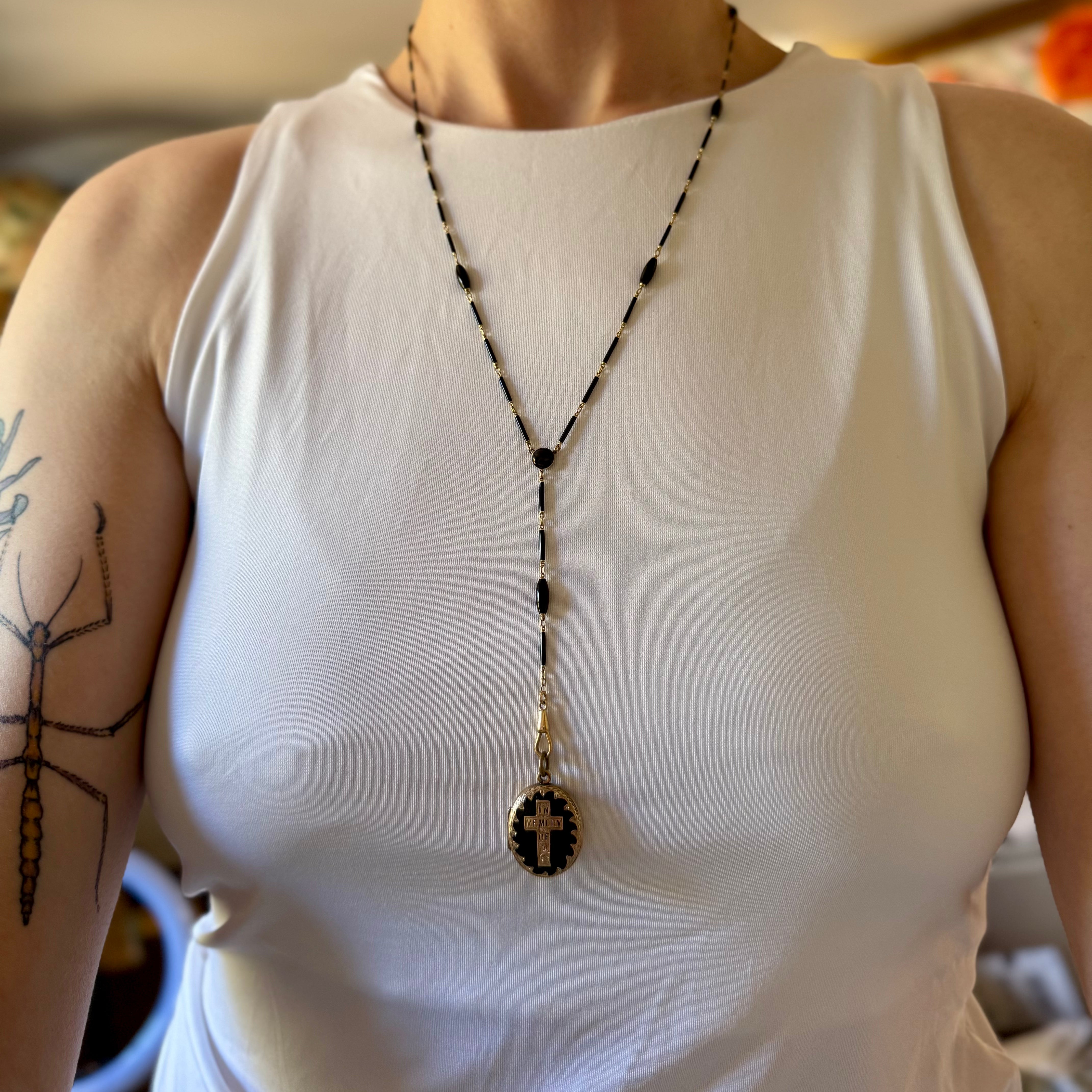 Antique Victorian Carter, Gough & Co. 14k gold black enamel barrel link necklace with 