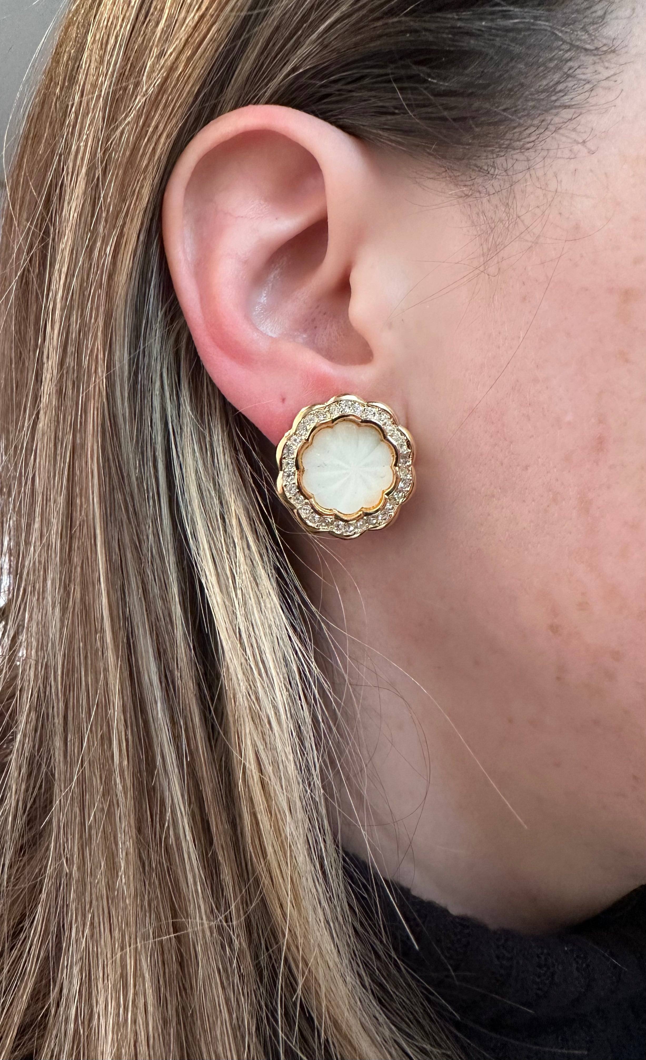 Christian Dior frosted carved glass and rhinestone gold tone clip on earrings