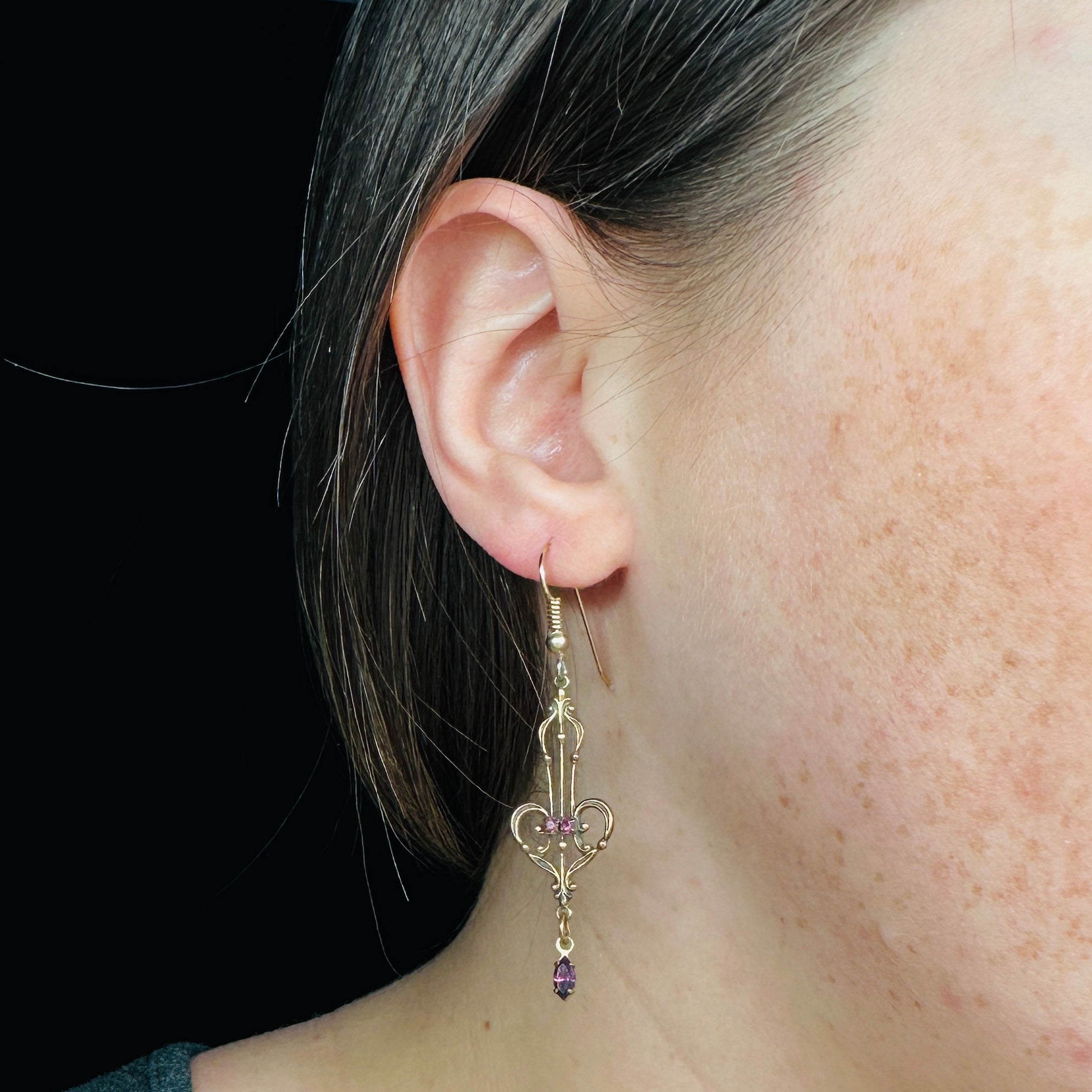 Victorian style brass and purple rhinestone drop earrings