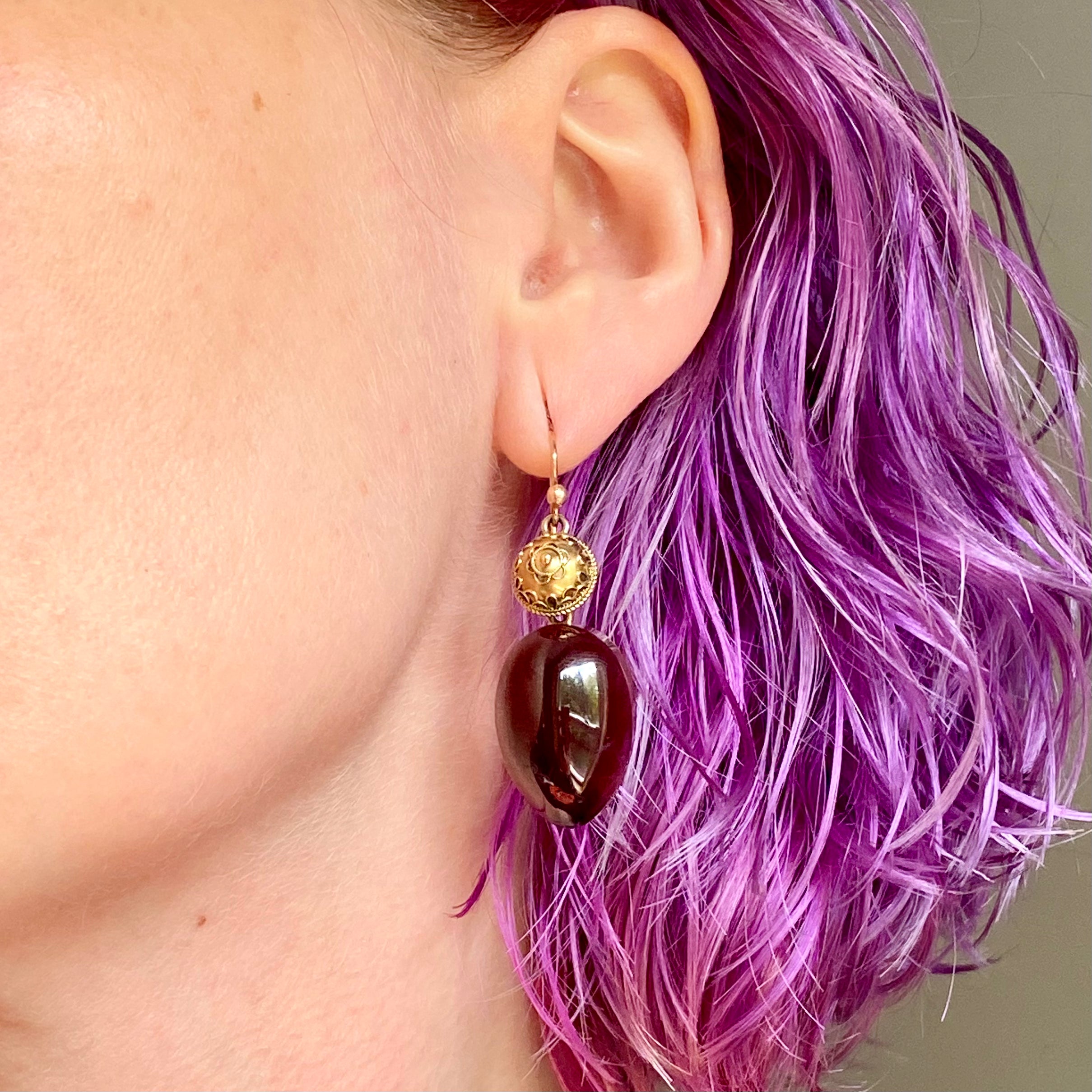 Antique Victorian Etruscan Revival 14k gold teardrop garnet drop earrings with locket backs
