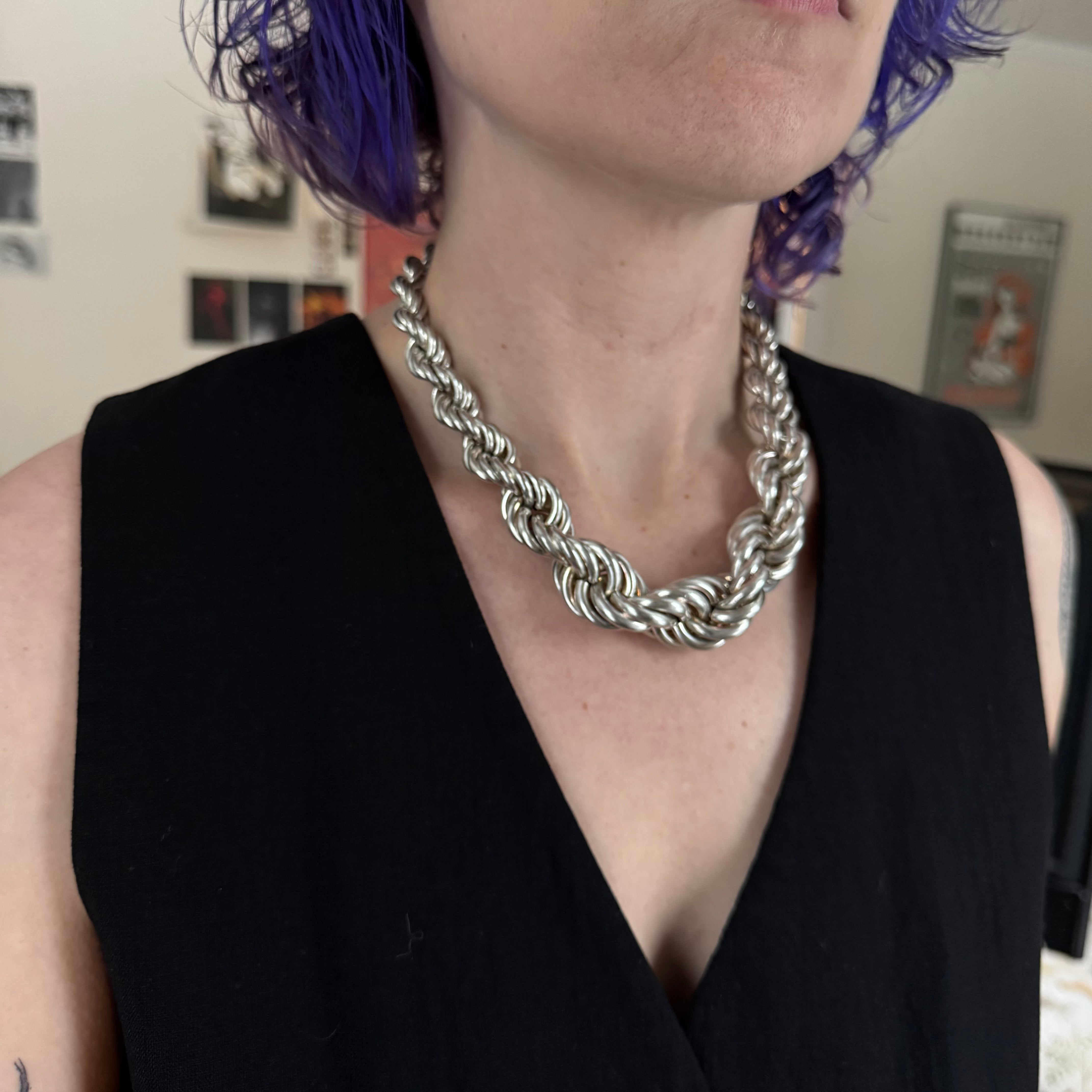 Substantial vintage sterling graduated rope necklace, 18" long