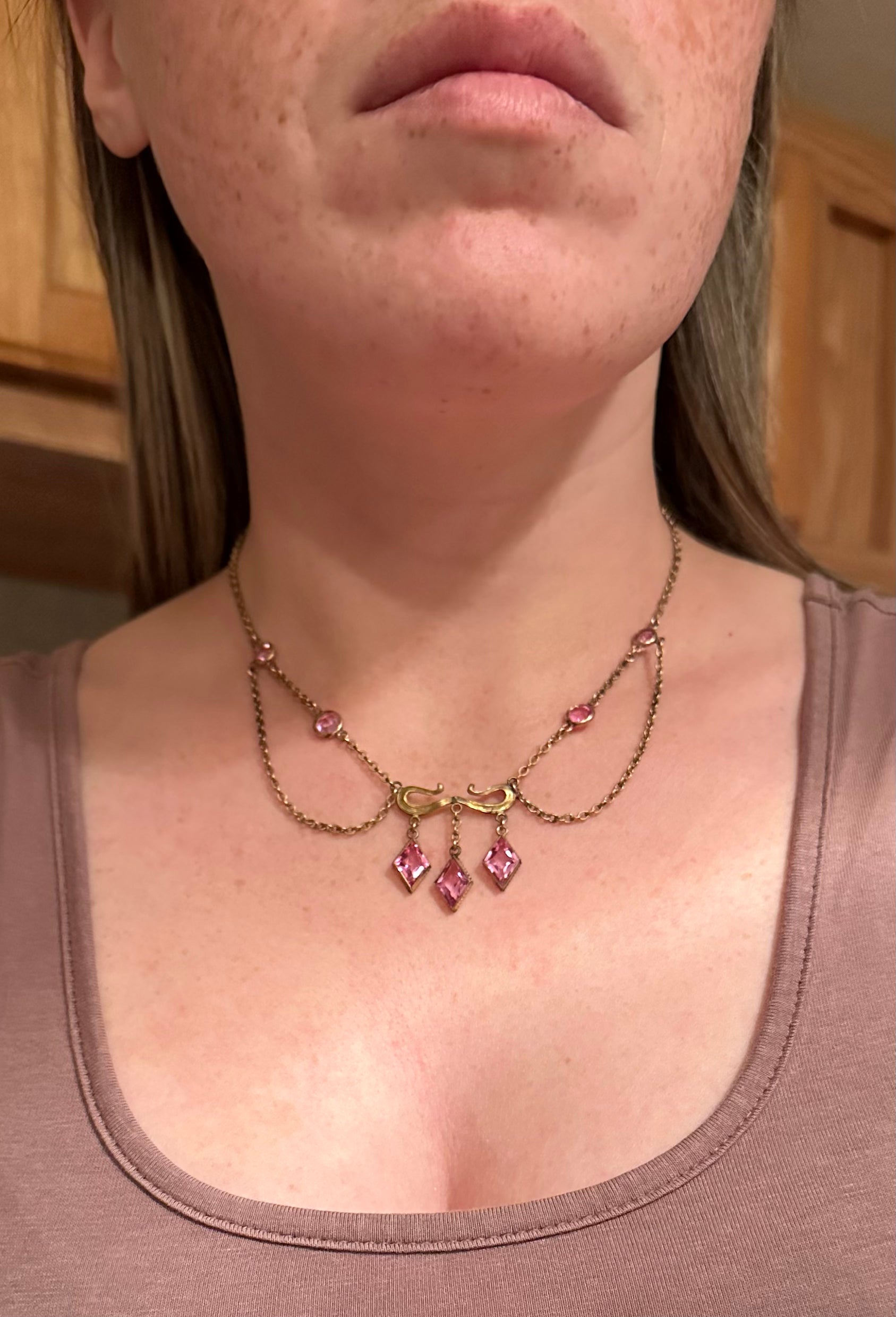 Antique Victorian gold filled pink tourmaline glass festoon necklace, 15.5