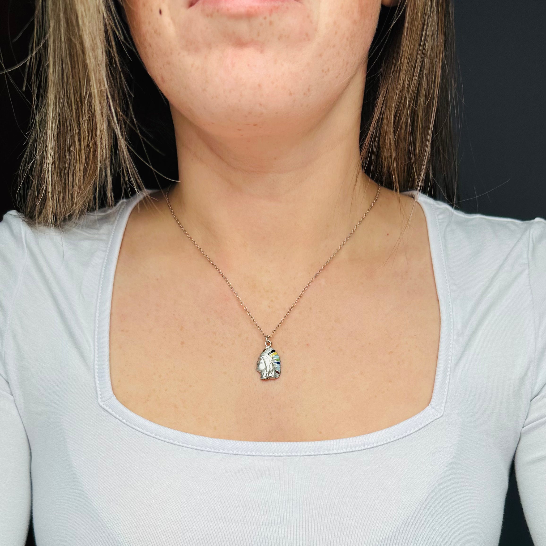 Vintage sterling silver & enamel Native American with headdress pendant on a curb link chain necklace, 19”