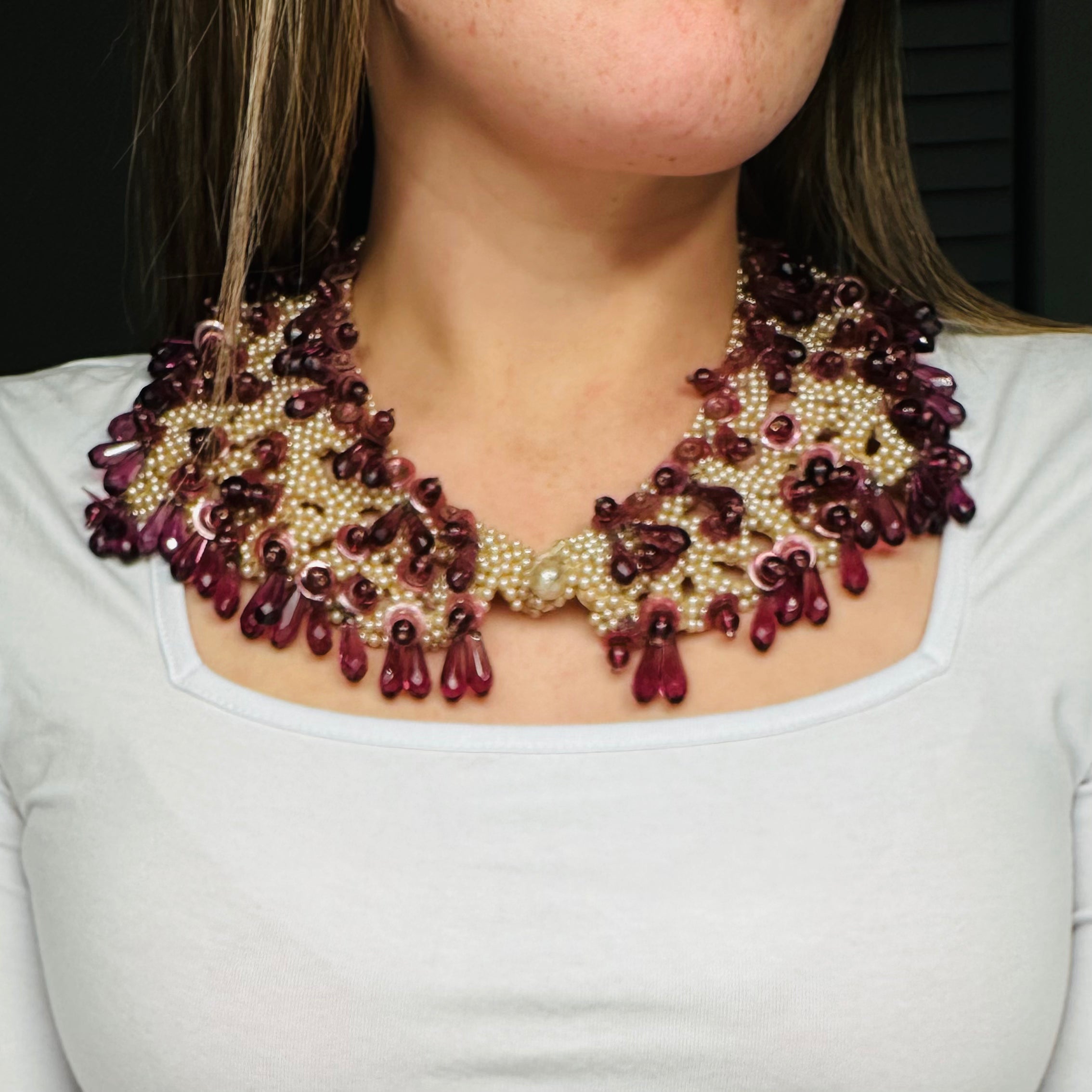 Antique Late 1800s hand woven faux pearl and amethyst glass drop collar