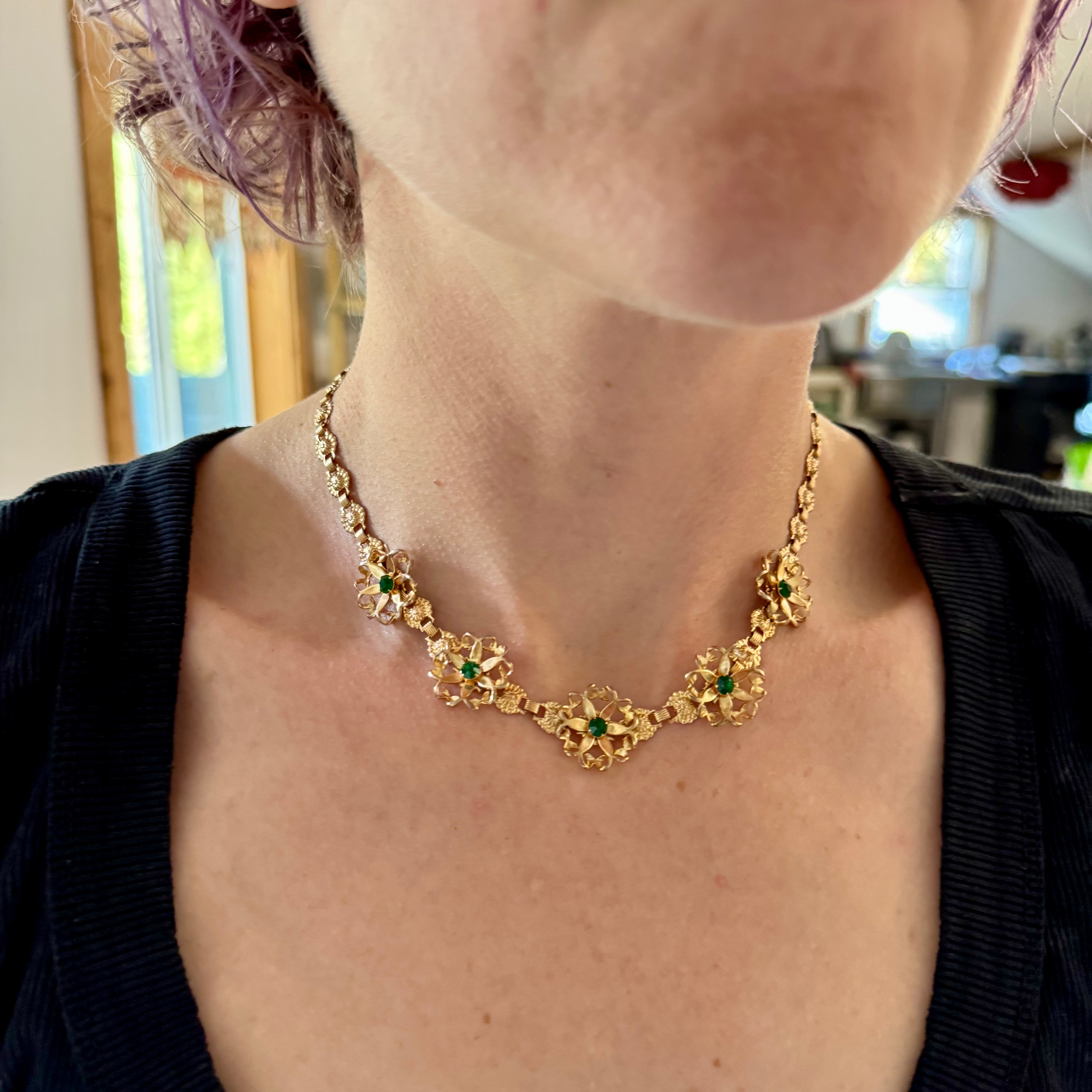 Mid Century gold filled & green rhinestone flower link necklace