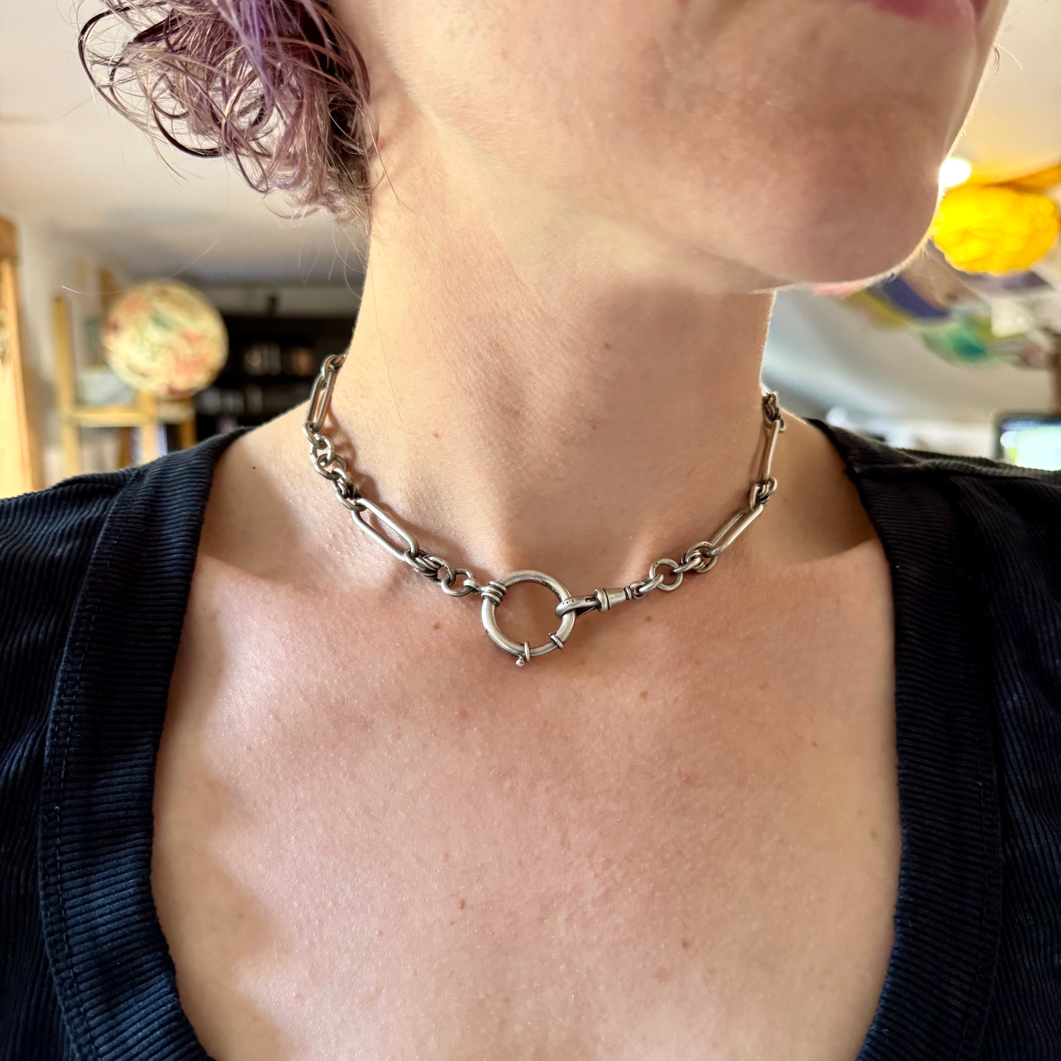 Late 19th Century English sterling trombone link watch chain choker necklace