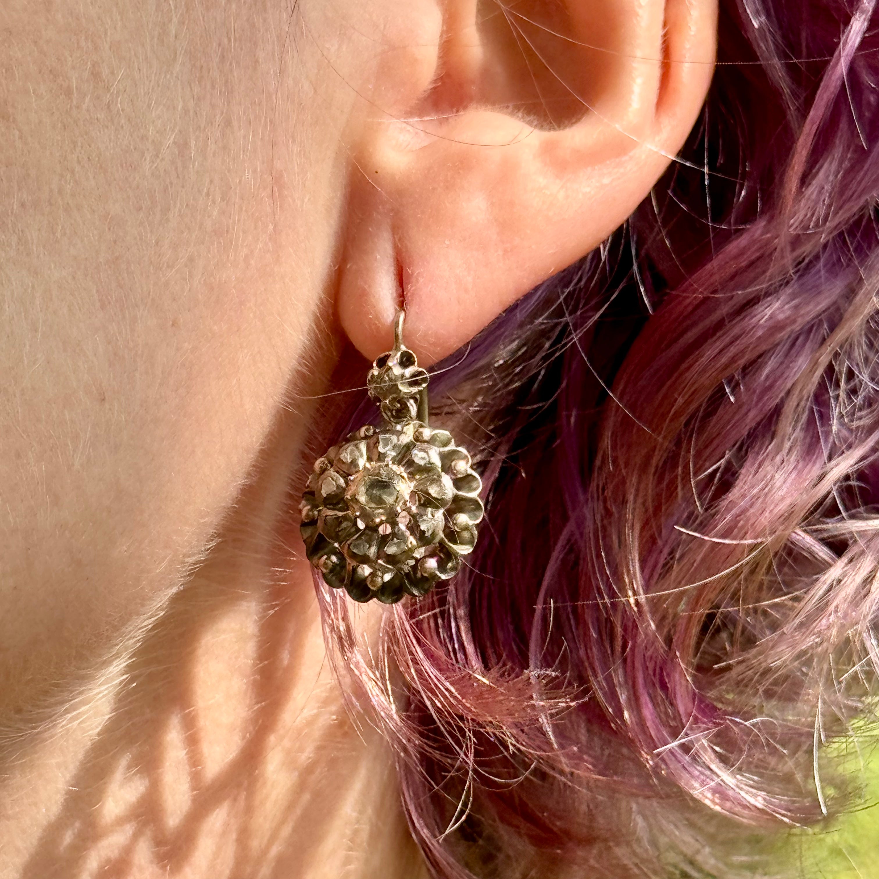 Antique Georgian 9k gold & silver rose cut diamond drop earrings