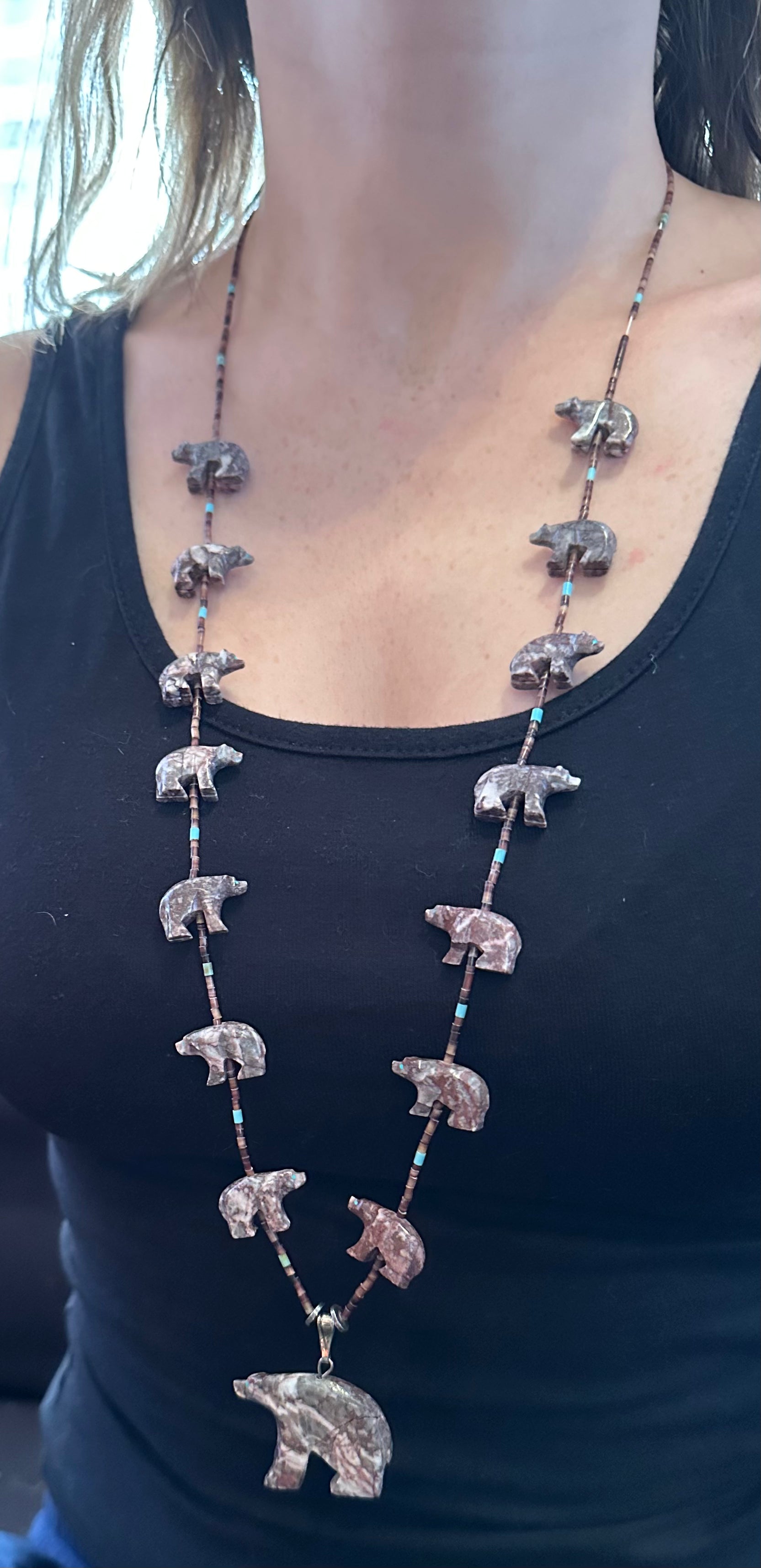 Native American carved rhodonite bear fetish necklace w/ heishi and turquoise beads, 32"